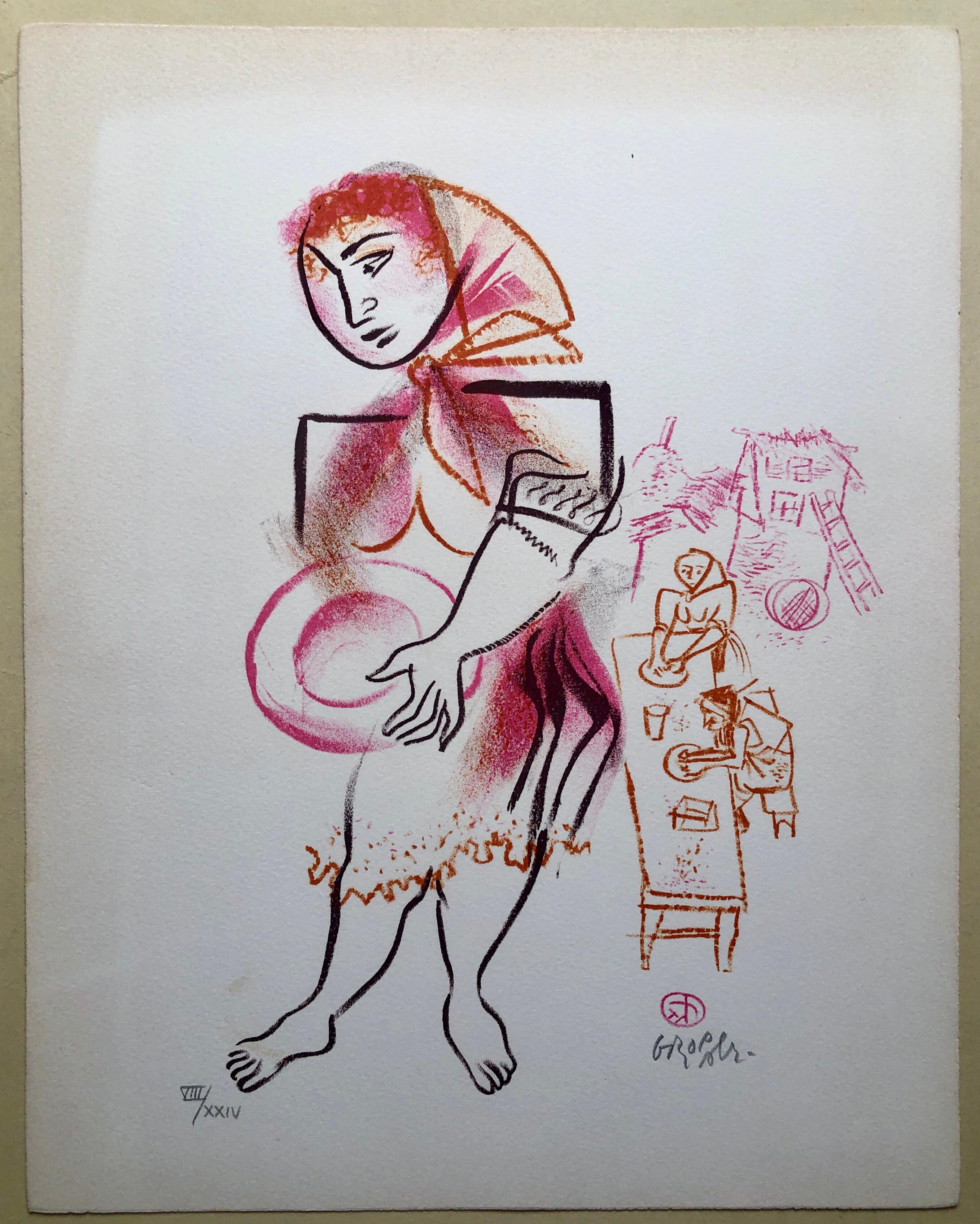 Women, Dishes, Shtetl Americana Judaica Lithographe de l'artiste réaliste sociale de la WPA en vente 2