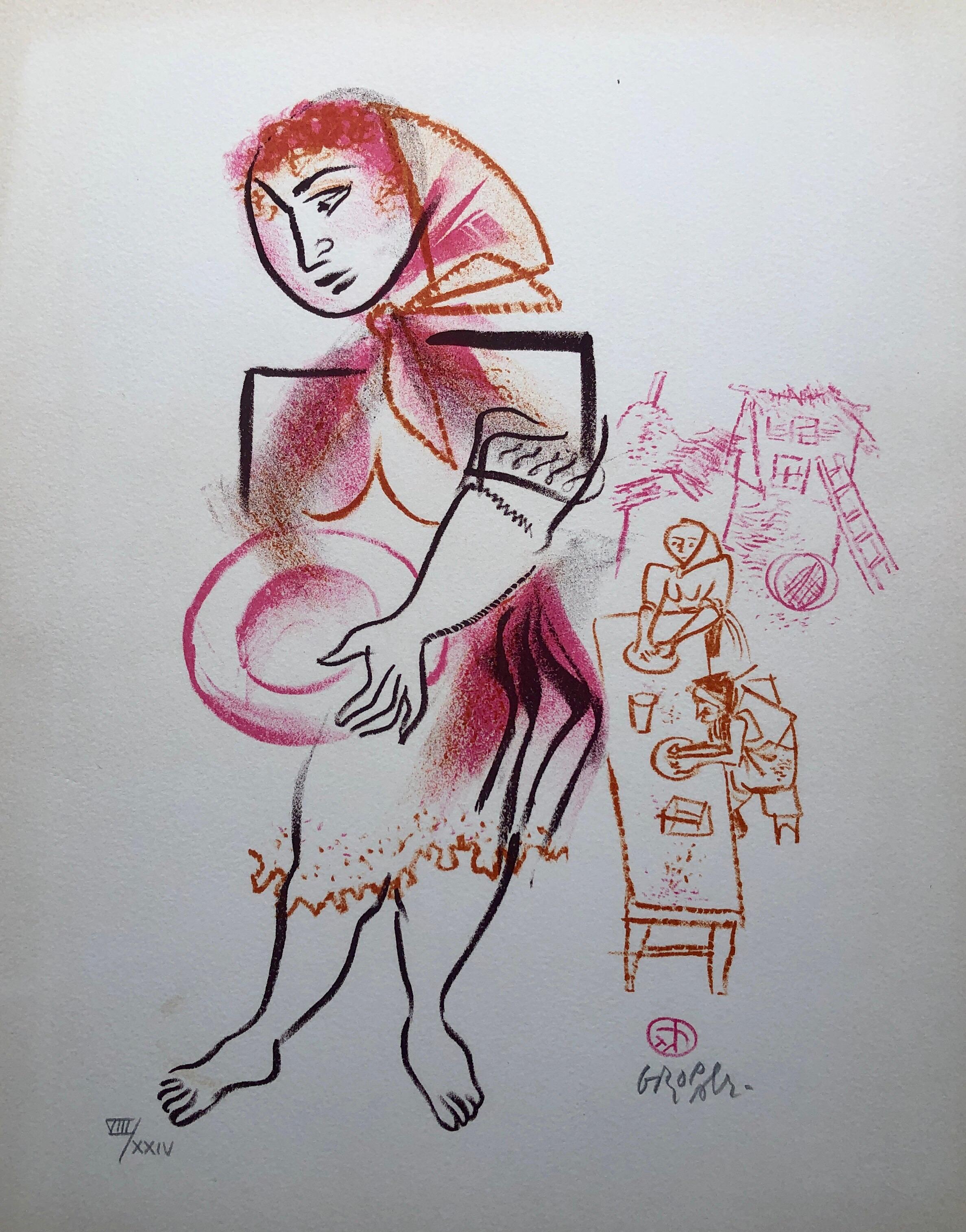 Portrait Print di William Gropper - Donne, piatti, Shtetl Americana Judaica Litografia WPA Artista realista sociale