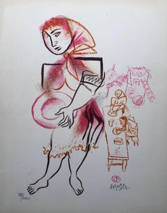 Retro Women, Dishes, Shtetl Americana Judaica Lithograph WPA Social Realist Artist