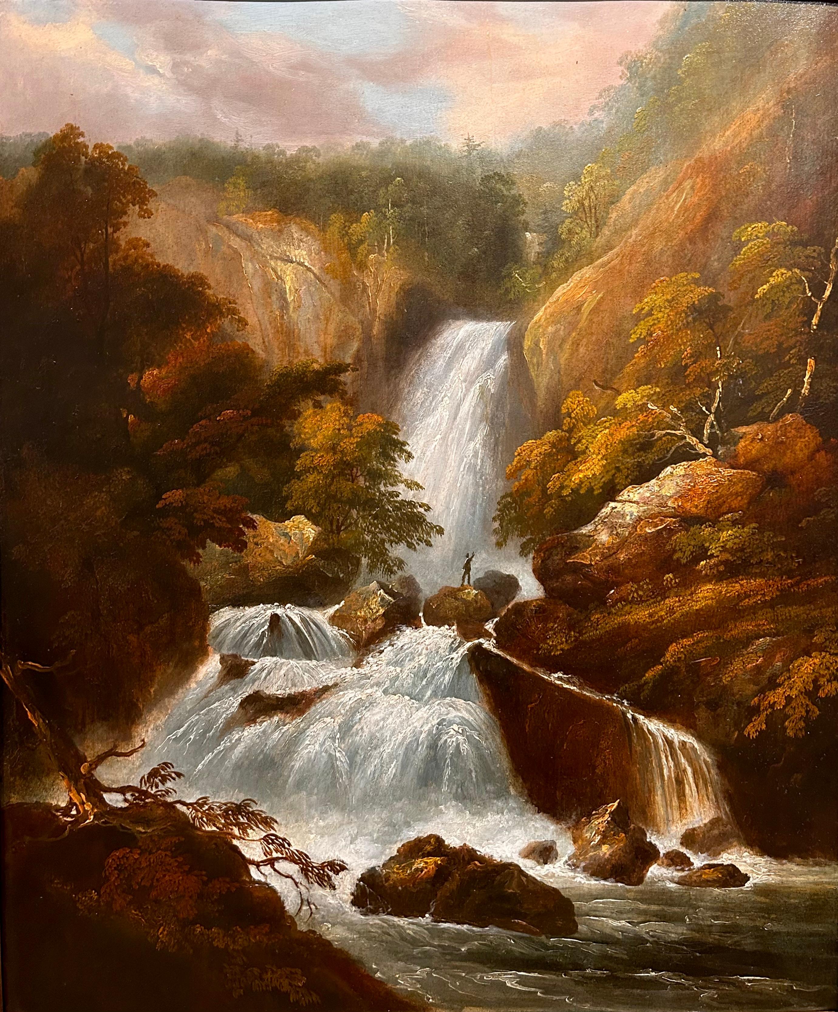 Oil Landscape of Waterfall - Hudson River School Painting by William Guy Wall