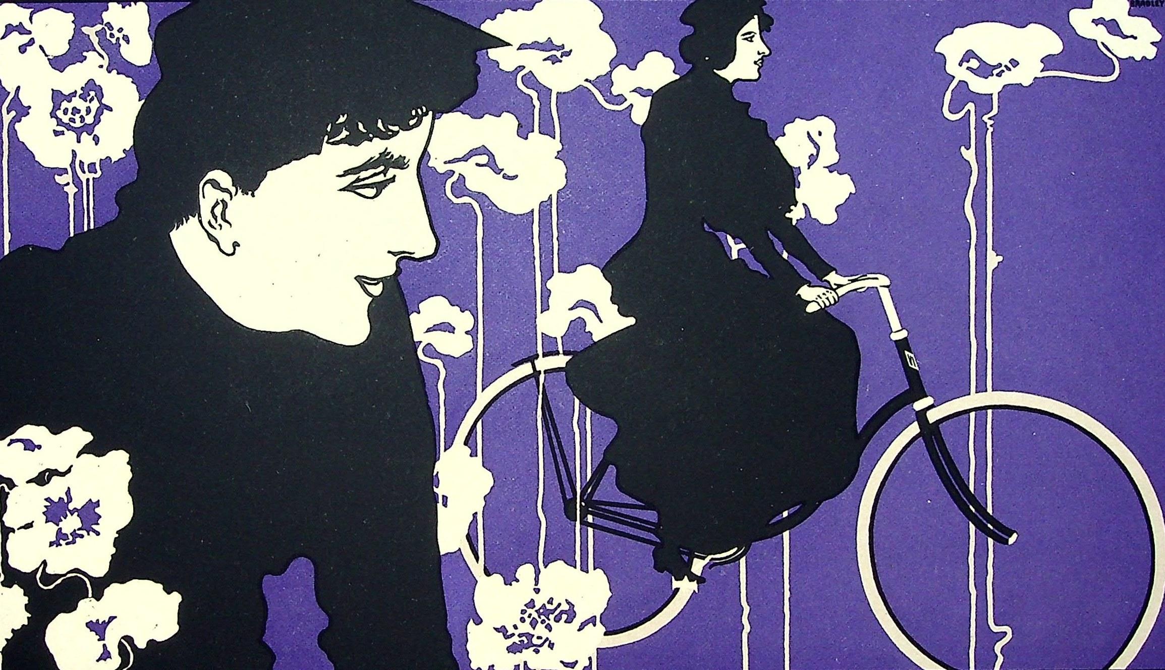 William H. BRADLEY (1868-1962)
Donna in bicicletta (Victor Bicycles), 1899

Litografia di Stone
Firma stampata nella lastra
Su pergamena 
Dimensioni 39 x 29 cm (circa 15,3 x 11,4