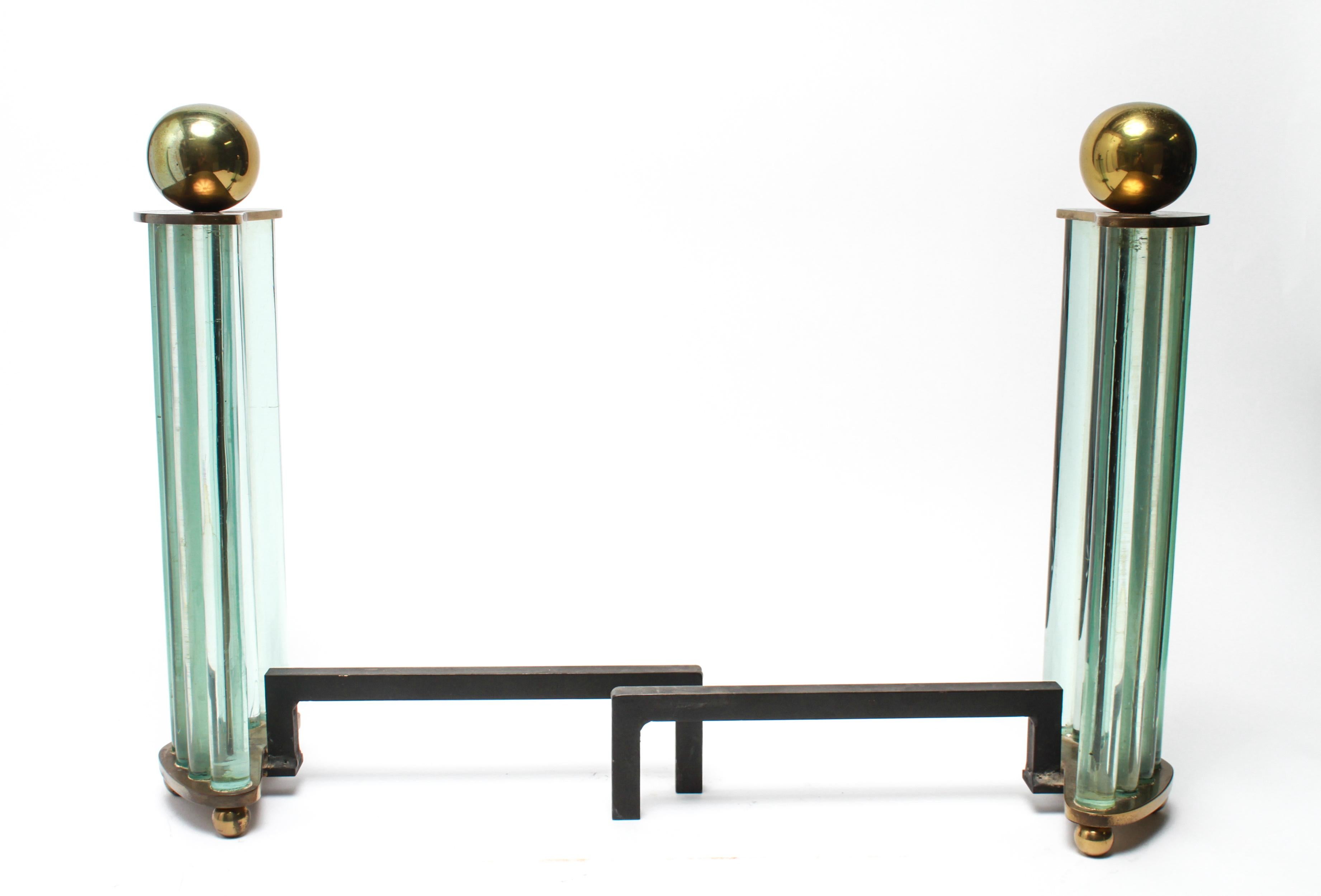American William H. Jackson Company Modernist Brass and Glass Andirons