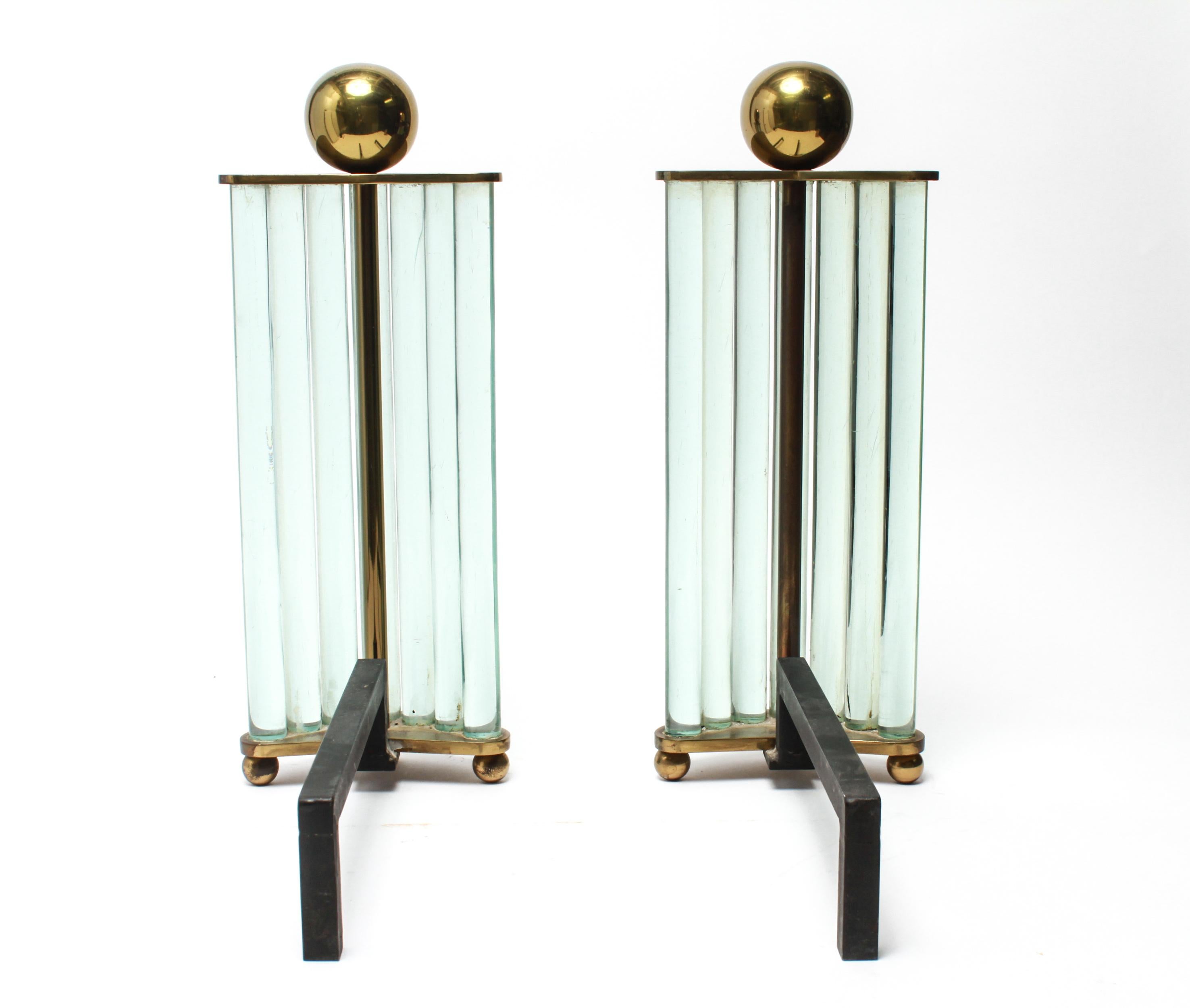 William H. Jackson Company Modernist Brass and Glass Andirons In Good Condition In New York, NY