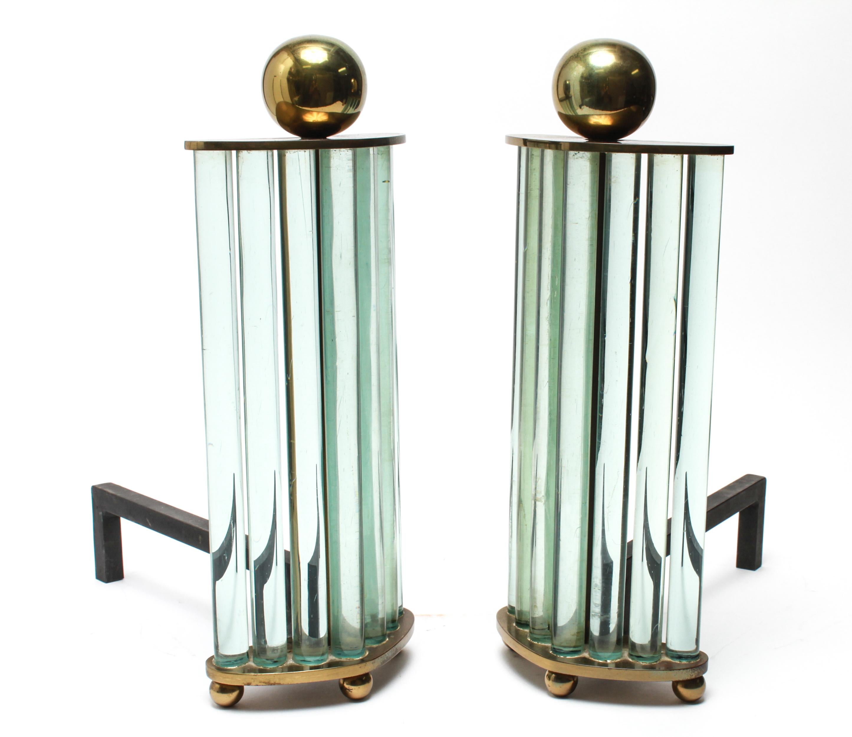 20th Century William H. Jackson Company Modernist Brass and Glass Andirons