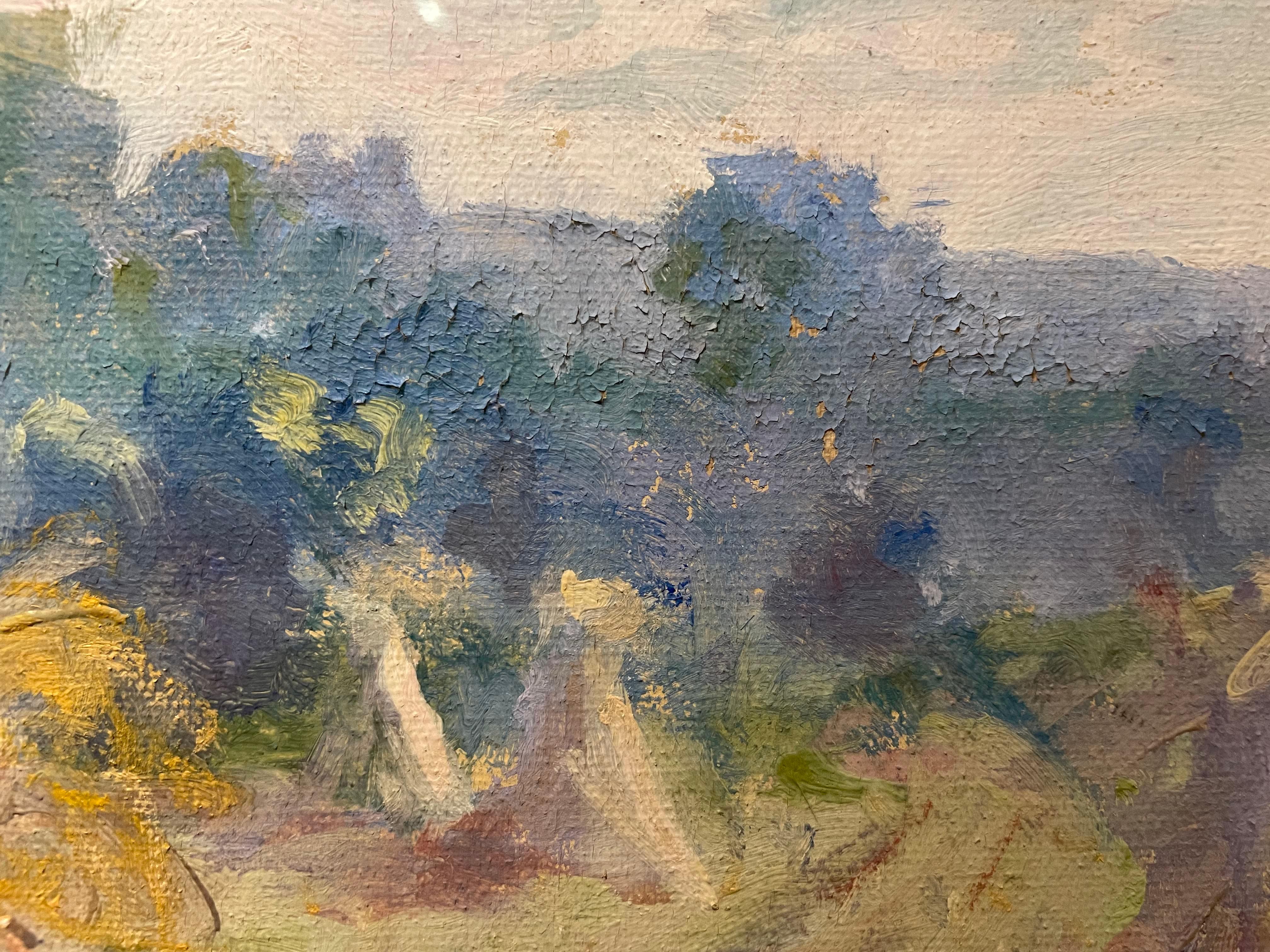 Weiche Schatten, Ende 19./Anfang 20. Jahrhundert Landschaft mit Heu, Erntezeit im Angebot 6