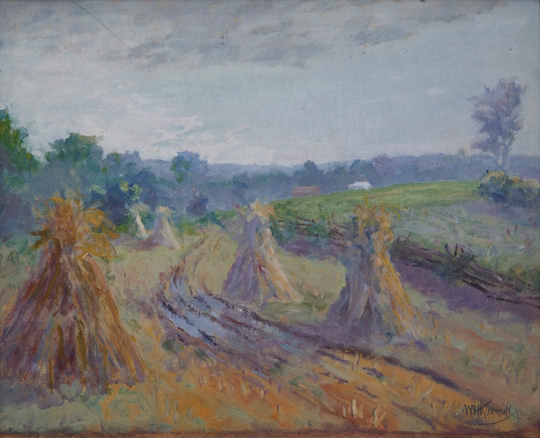 Ombre morbide, Paesaggio di fine Ottocento/inizio Novecento con fieno, stagione del raccolto - Painting di William H. Kinnicutt