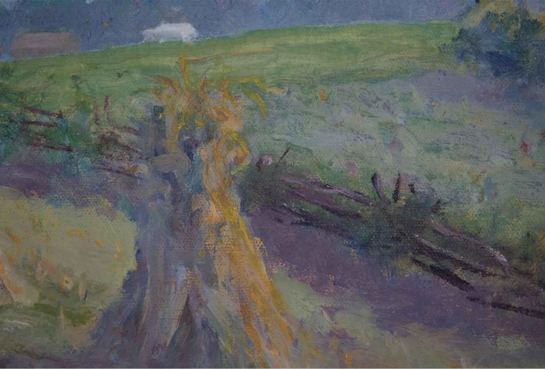 Ombre morbide, Paesaggio di fine Ottocento/inizio Novecento con fieno, stagione del raccolto - Landscape Painting Grigio di William H. Kinnicutt