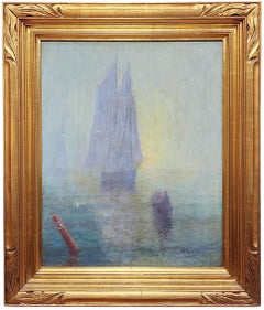 Nebbia serale, bellissimo paesaggio marittimo incandescente, paesaggio marino lunatico