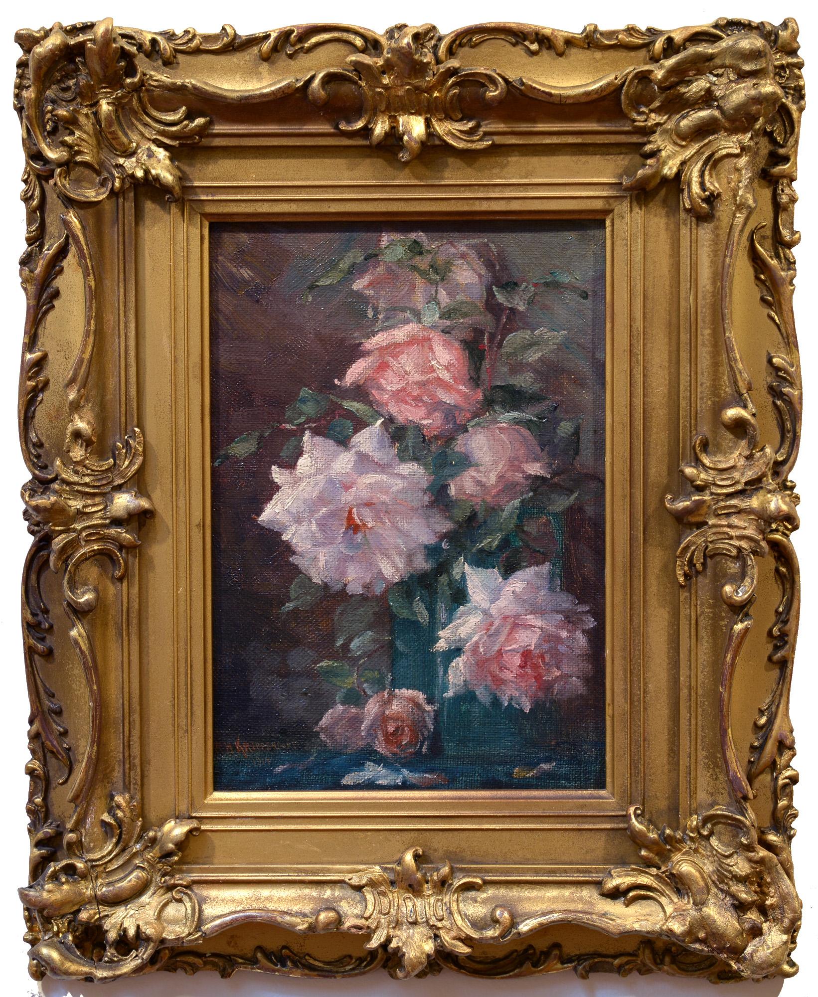 Stillleben mit Rosen, impressionistisches Ölgemälde mit Blumen in einer blauen Vase – Painting von William H. Krippendorf