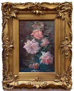 Still Life with Roses, Impressionist Oil of Flowers in a Blue Vase