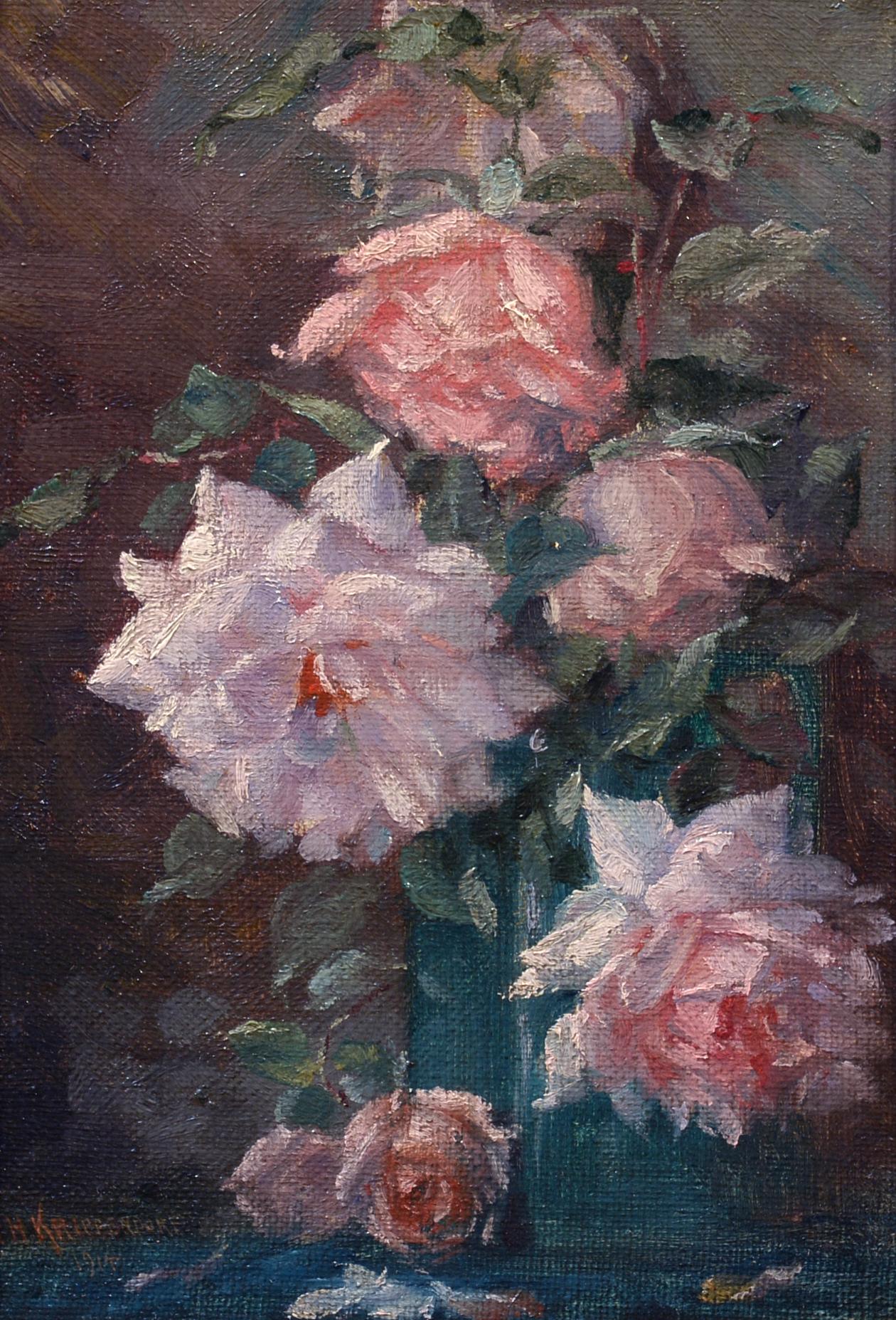 Interior Painting William H. Krippendorf - Nature morte aux roses, huile impressionniste de fleurs dans un vase bleu