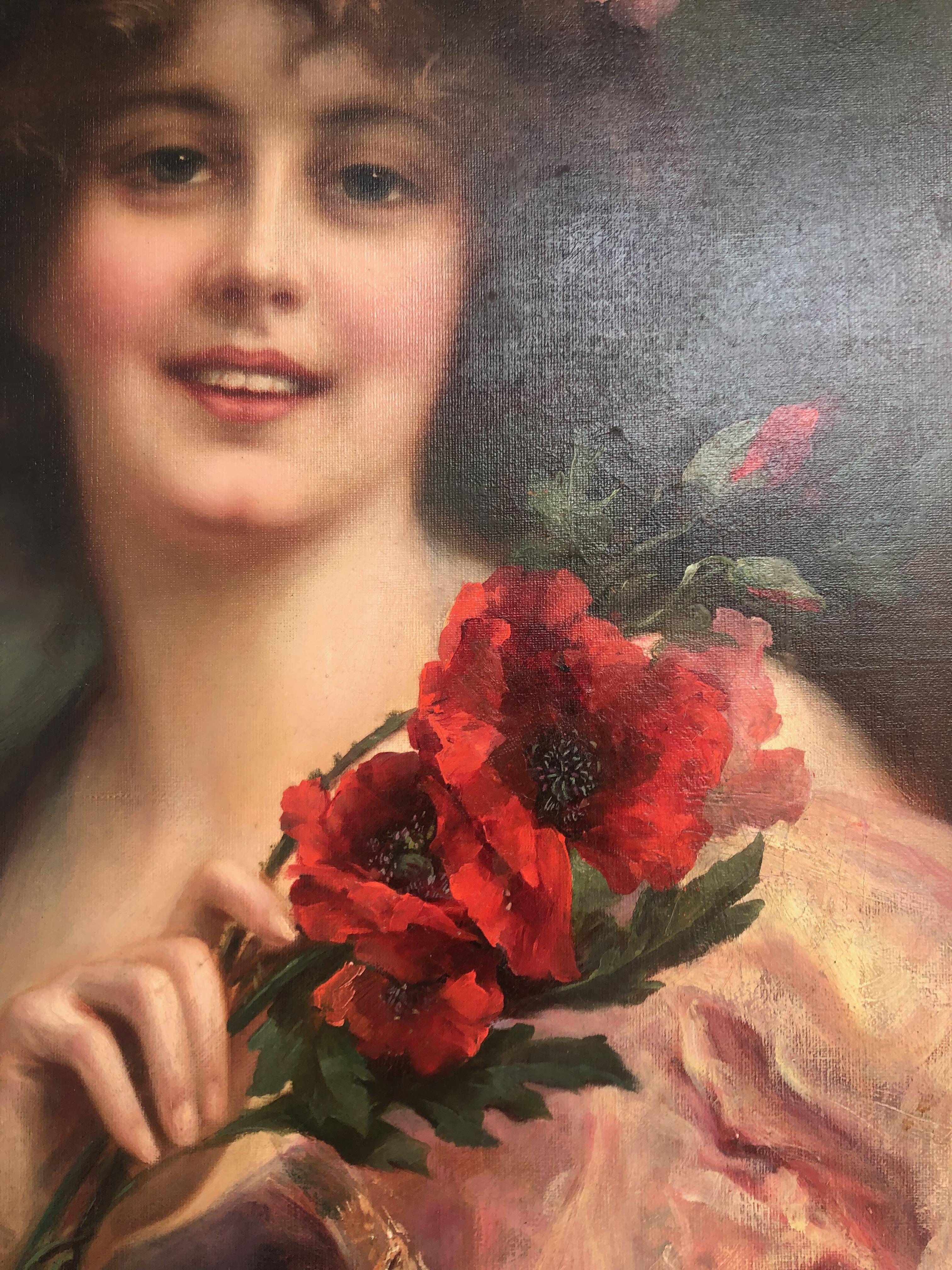 Dame hält Blumenstrauß von roten Mohnblumen  – Painting von William H. McEntee