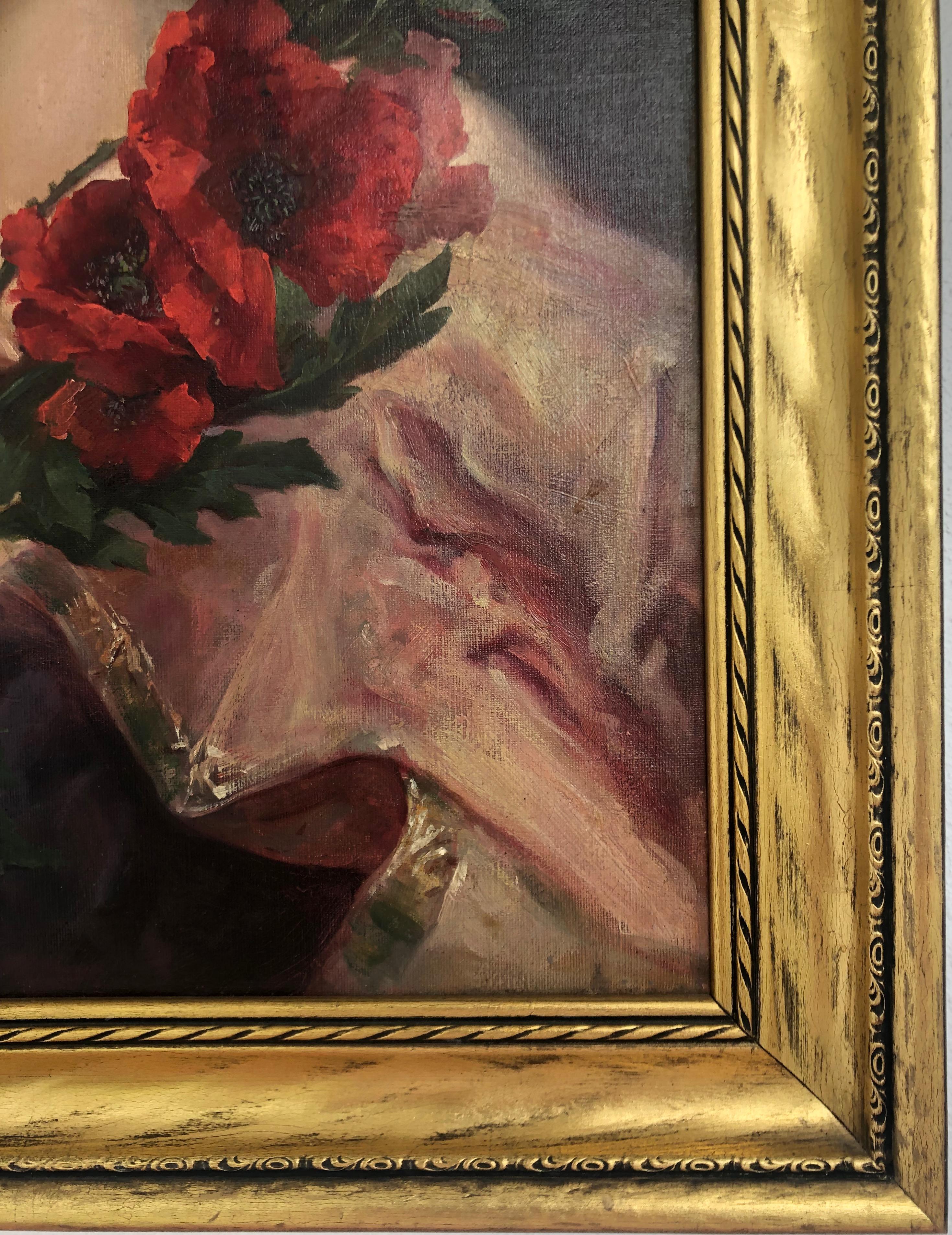 Dame tenant un bouquet de coquelicots rouges  - Noir Portrait Painting par William H. McEntee