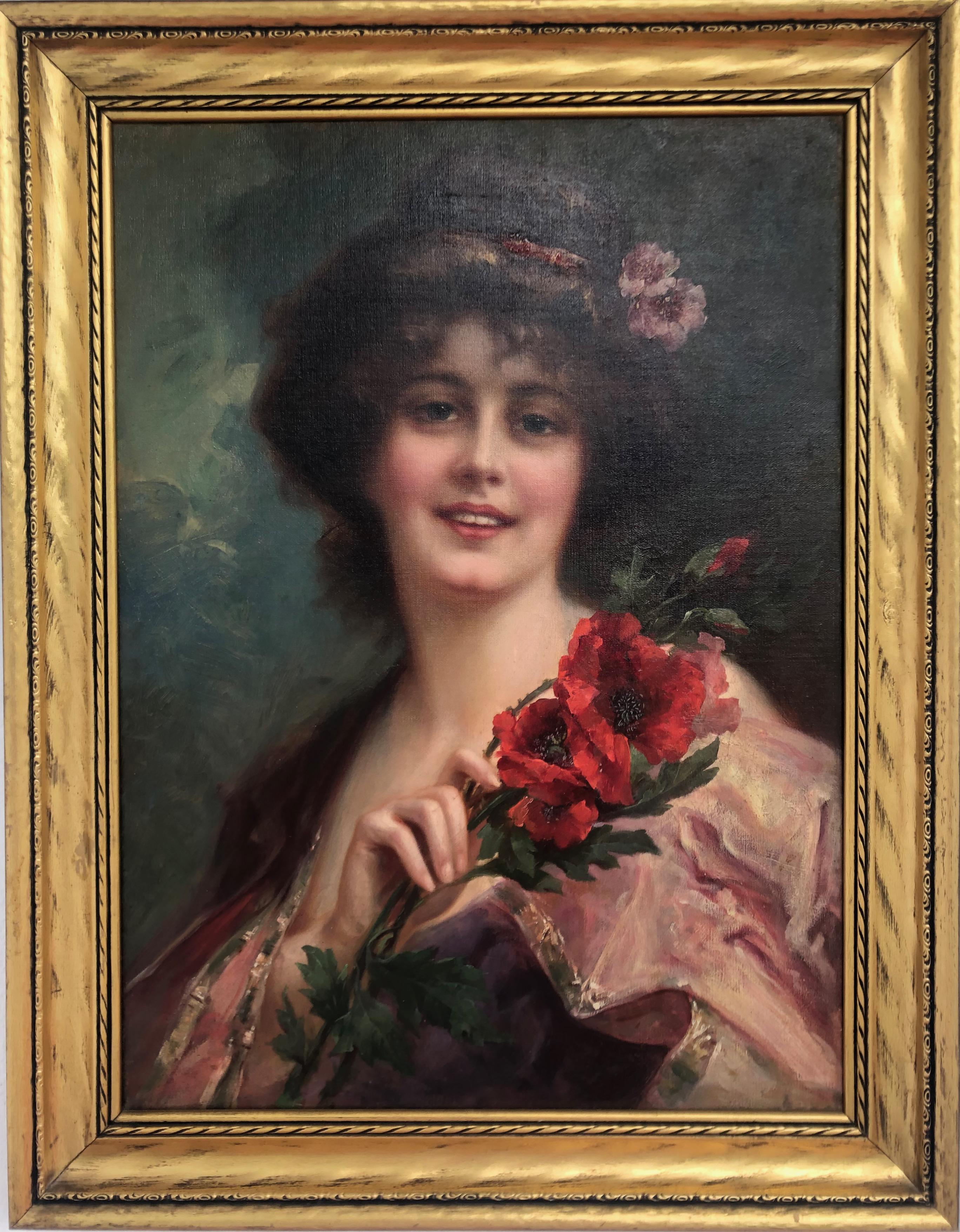 Lady Holding Bouquet Of Red Poppies  - Black Portrait Painting by William H. McEntee