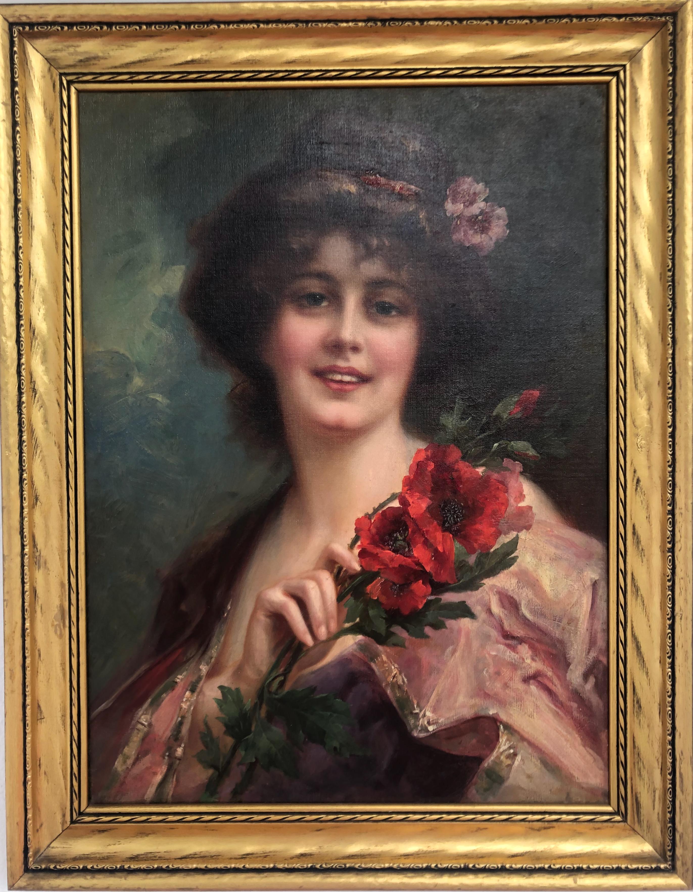 William H. McEntee Portrait Painting – Dame hält Blumenstrauß von roten Mohnblumen 
