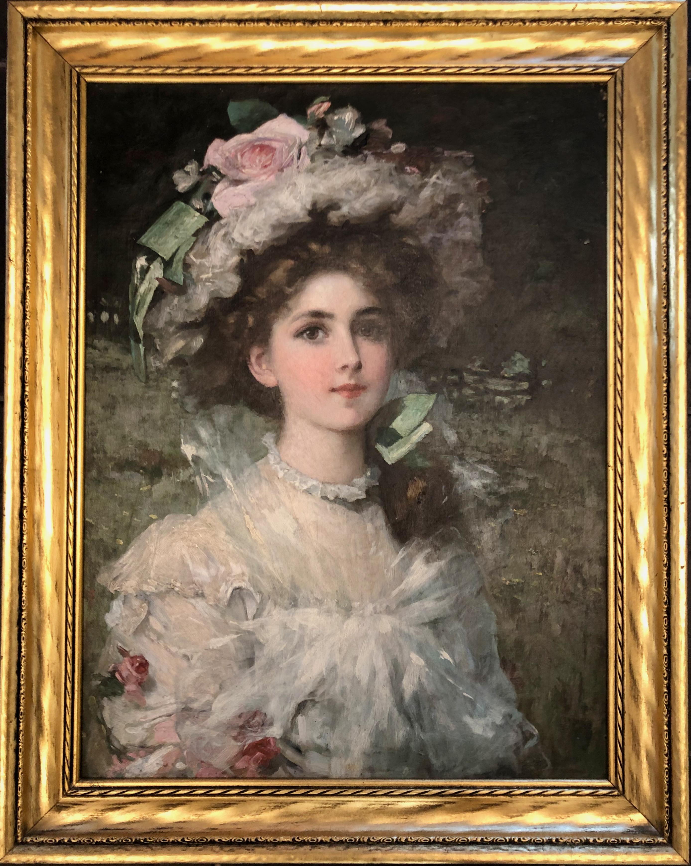  Portrait Of A Young Lady In The Landscape.
Portrait depicting a beautiful young woman in the landscape dressed in a tulle dress and hat decorated with pink roses.
The painting is in original very good condition, signed upper left corner.
An