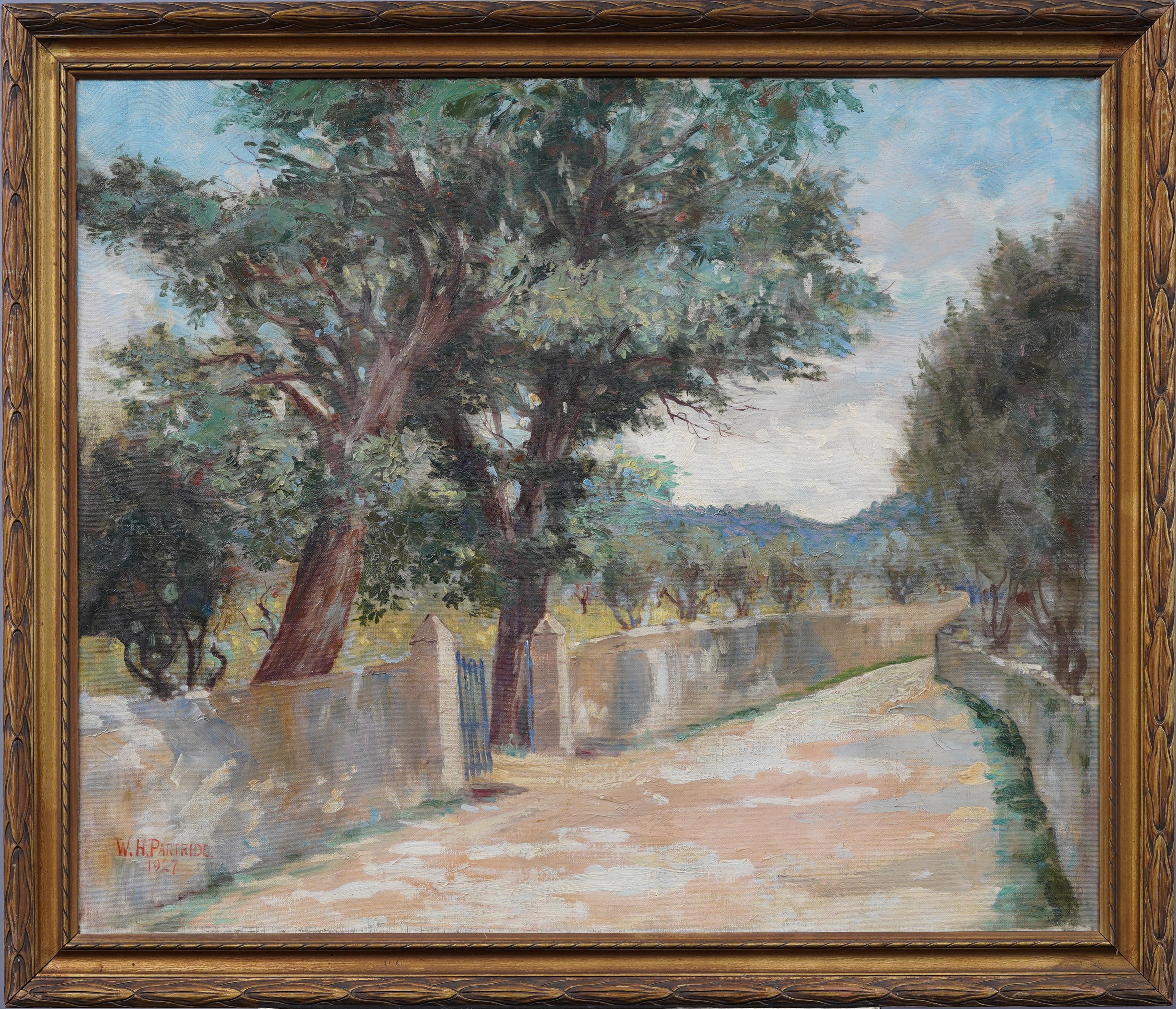 Antiguo paisaje europeo de olivares Pintura al óleo impresionista firmada y enmarcada - Painting de William H. Partridge