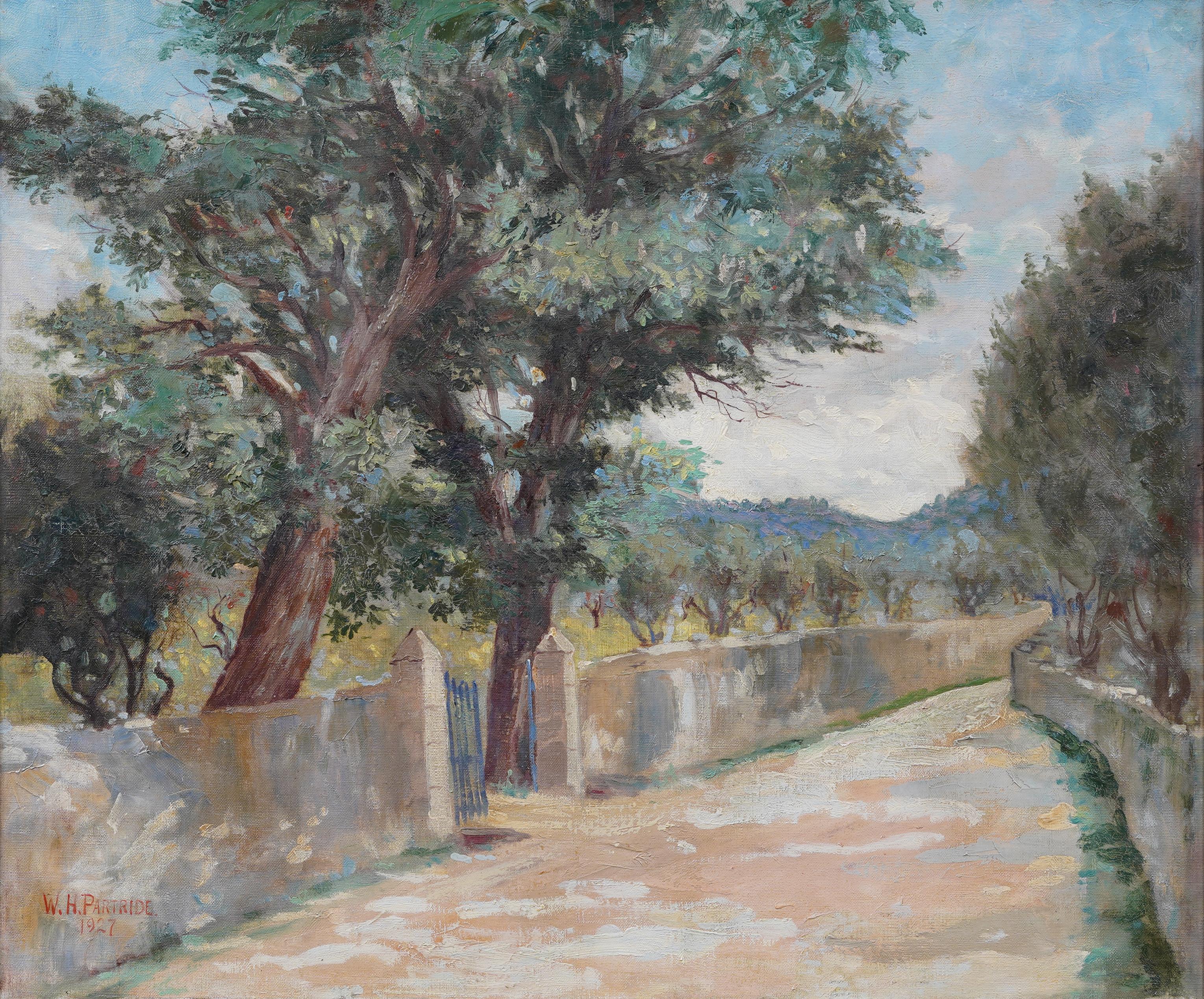 Antiguo paisaje europeo de olivares Pintura al óleo impresionista firmada y enmarcada - Painting Abstracto de William H. Partridge