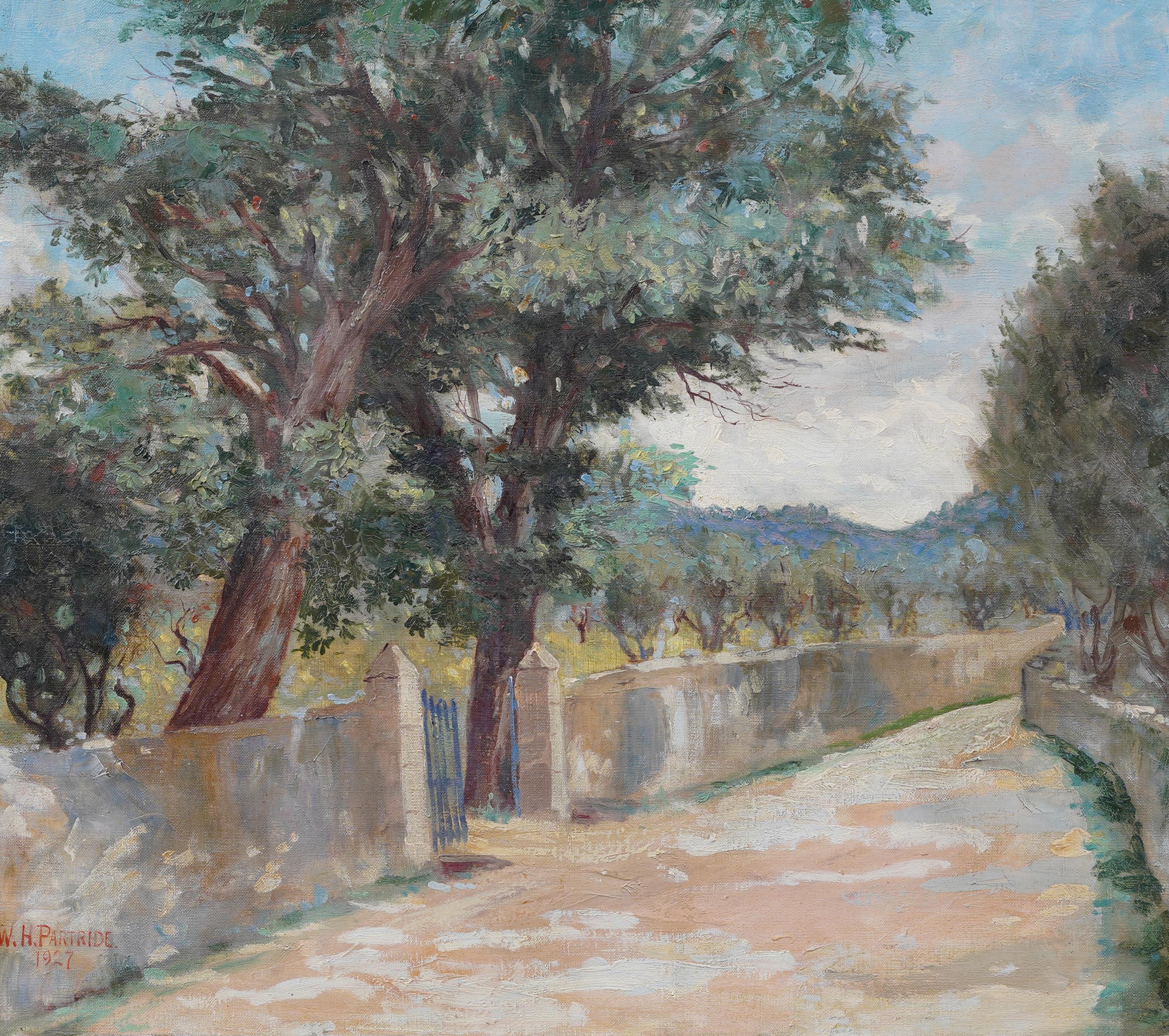 Antiguo paisaje europeo de olivares Pintura al óleo impresionista firmada y enmarcada - Abstract Painting Gris de William H. Partridge