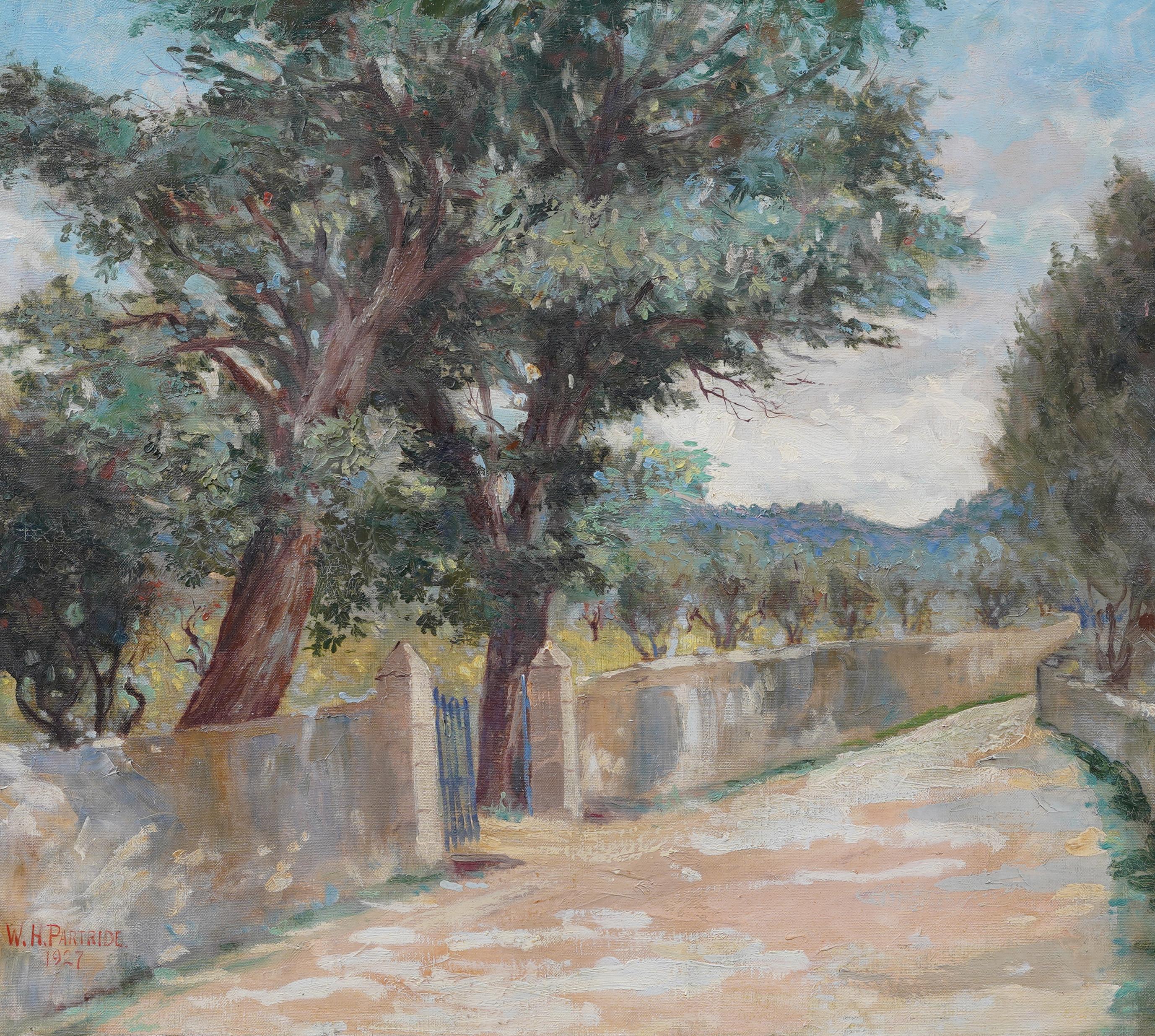 Antiguo paisaje europeo de olivares Pintura al óleo impresionista firmada y enmarcada en venta 1
