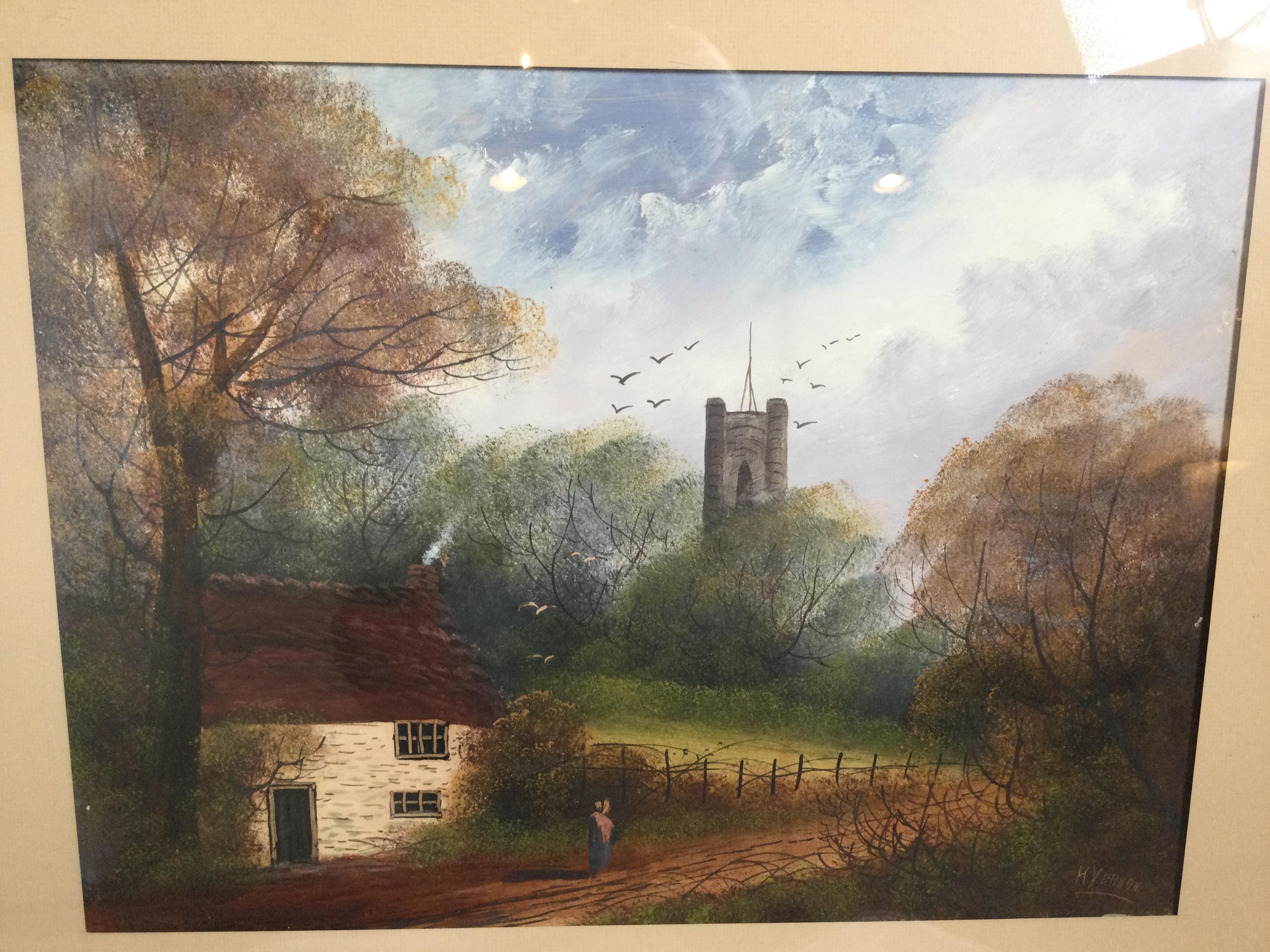 19th Century William H. Vernon Set of Gouache Watercolor Landscape Paintings Winter & Autumn