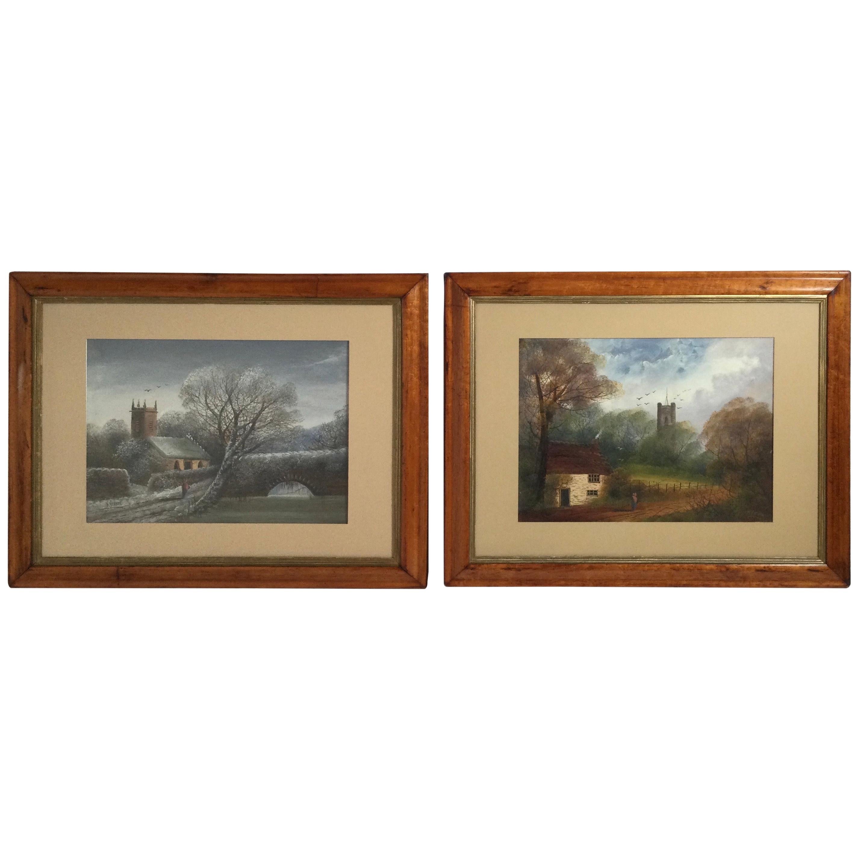 William H. Vernon Set of Gouache Watercolor Landscape Paintings Winter & Autumn For Sale