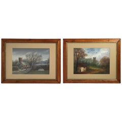 Used William H. Vernon Set of Gouache Watercolor Landscape Paintings Winter & Autumn