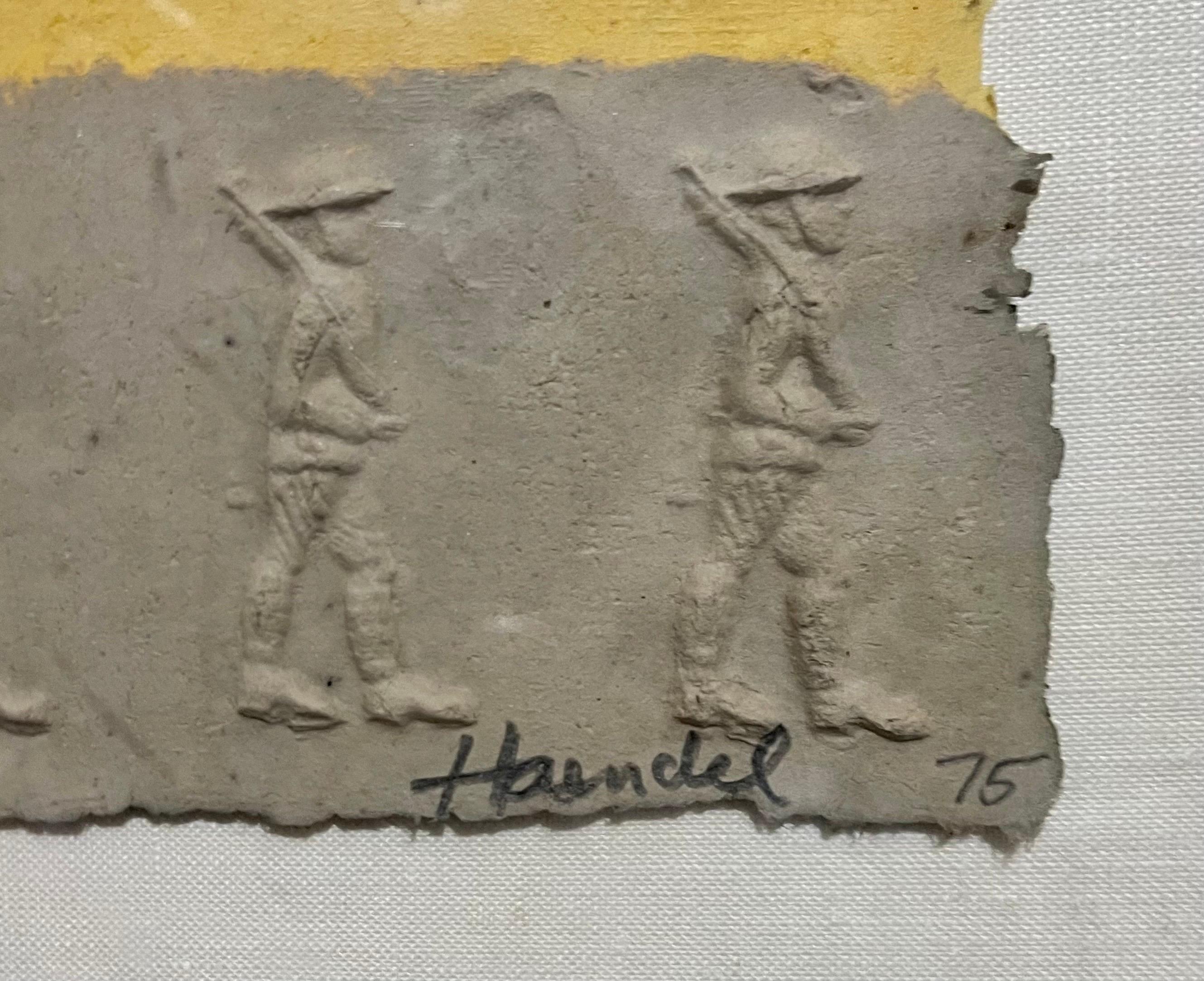 William Haendel
framed 16.75 X 17 paper 11.5 X 12.5

Bas relief on hand-made molded, cast, paper; Visual statement of modernist society’s role in conformity of the individual and acquiescence to nationalism. Toy Soldiers in tin, lead or plastic,