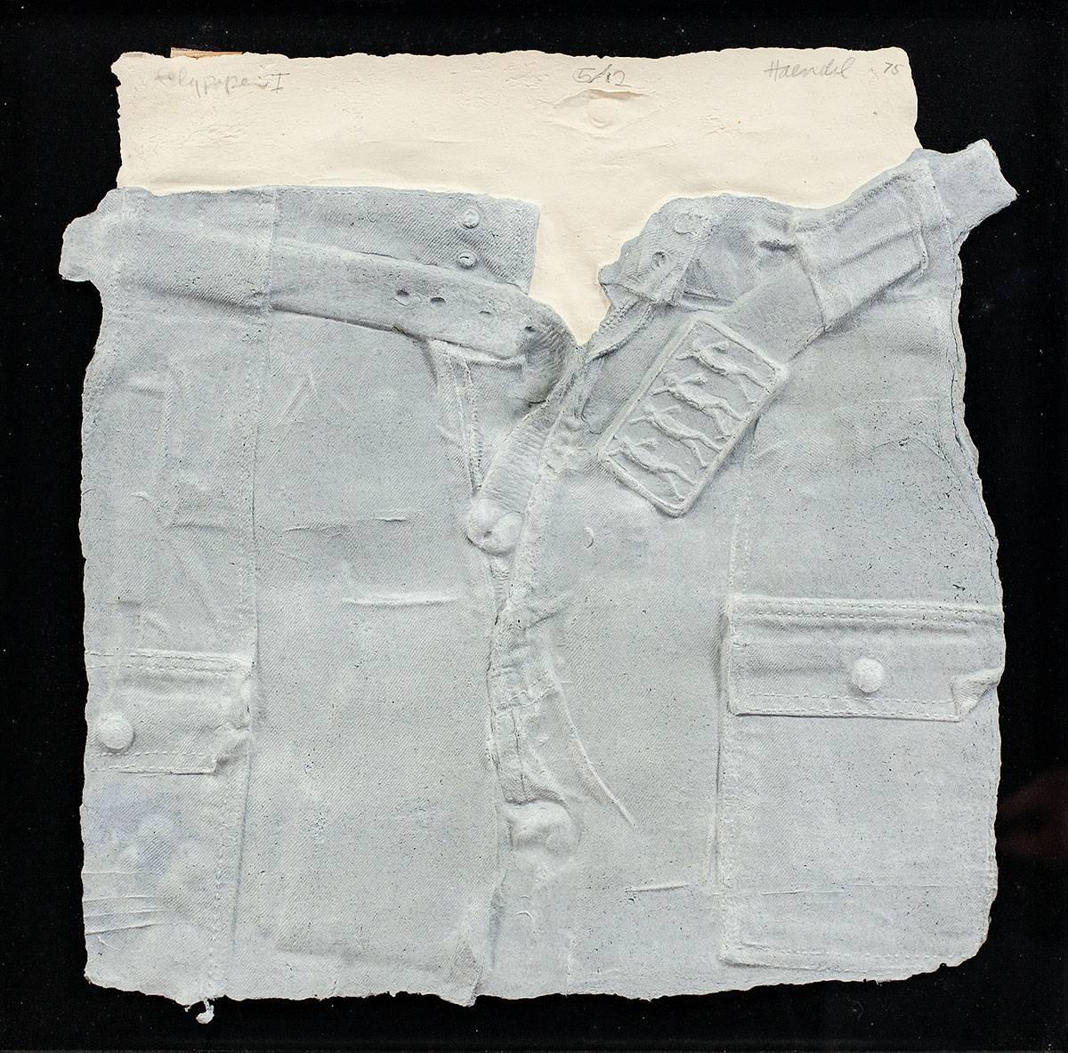 William Haendel Figurative Sculpture - Bill Haendel Cast Paper Relief Sculpture Blue jeans 1975