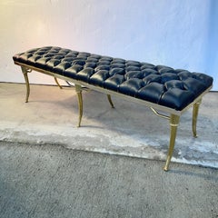 William Haines Brass Bench, Tufted Faux Leather, Saber Legs, 1960