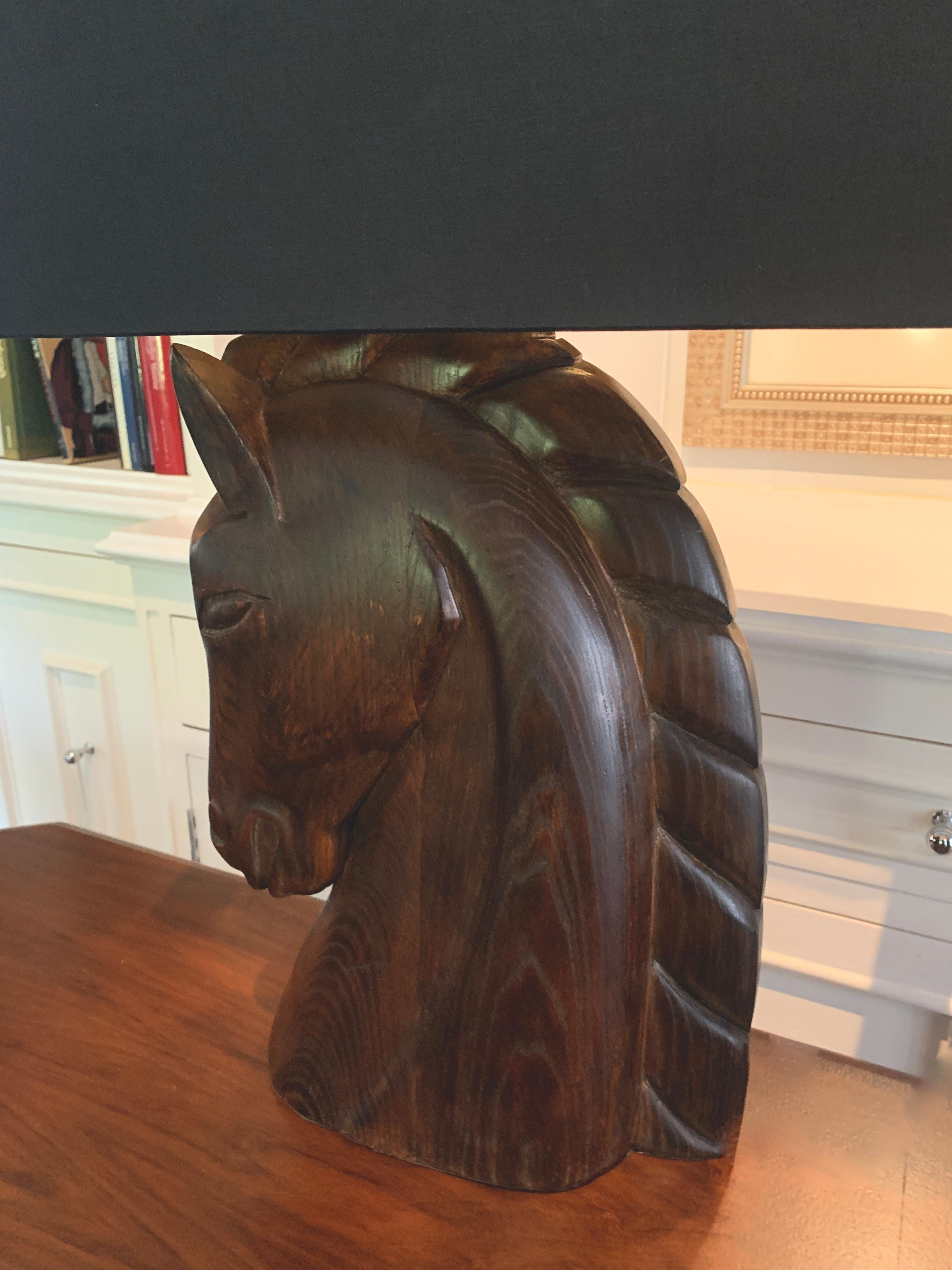 Silk Wooden Carved Horse Head Lamps with Shades  For Sale