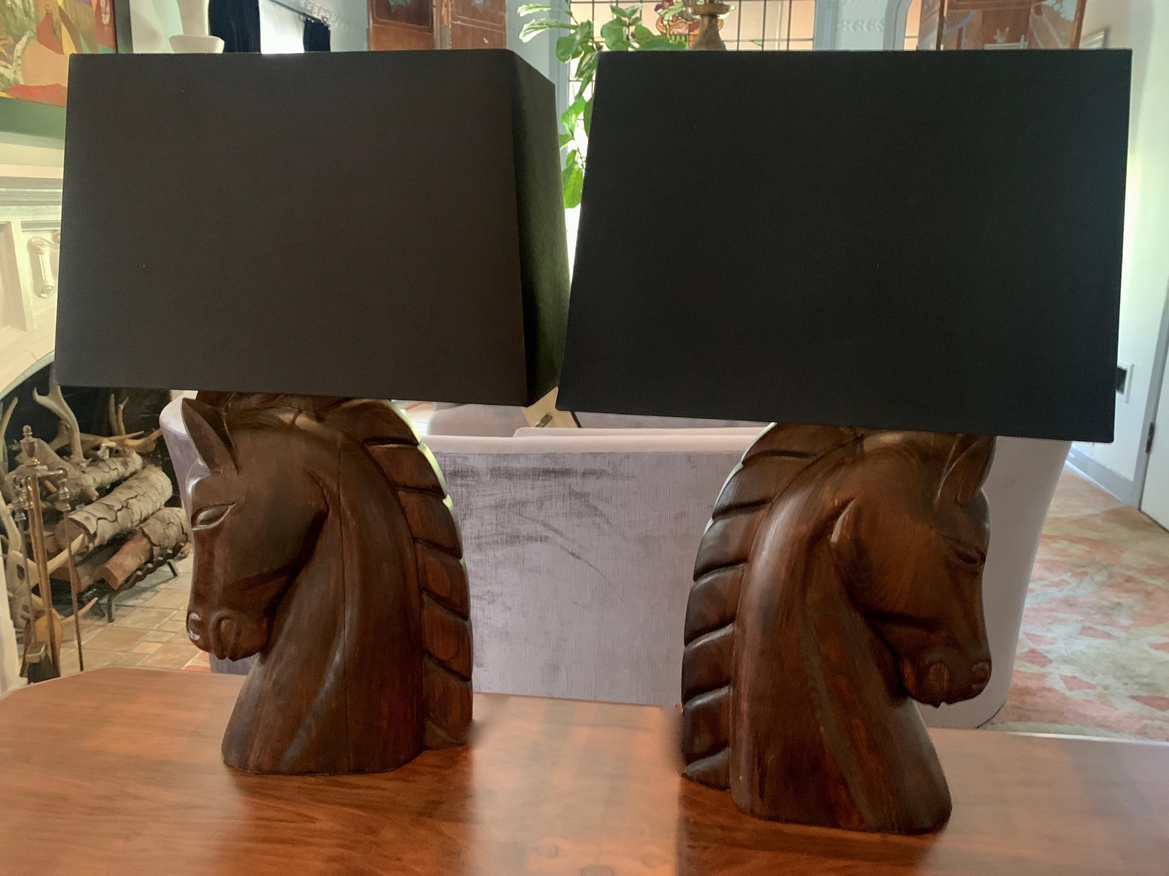Wood William Haines Carved Horse Lamps with Shades