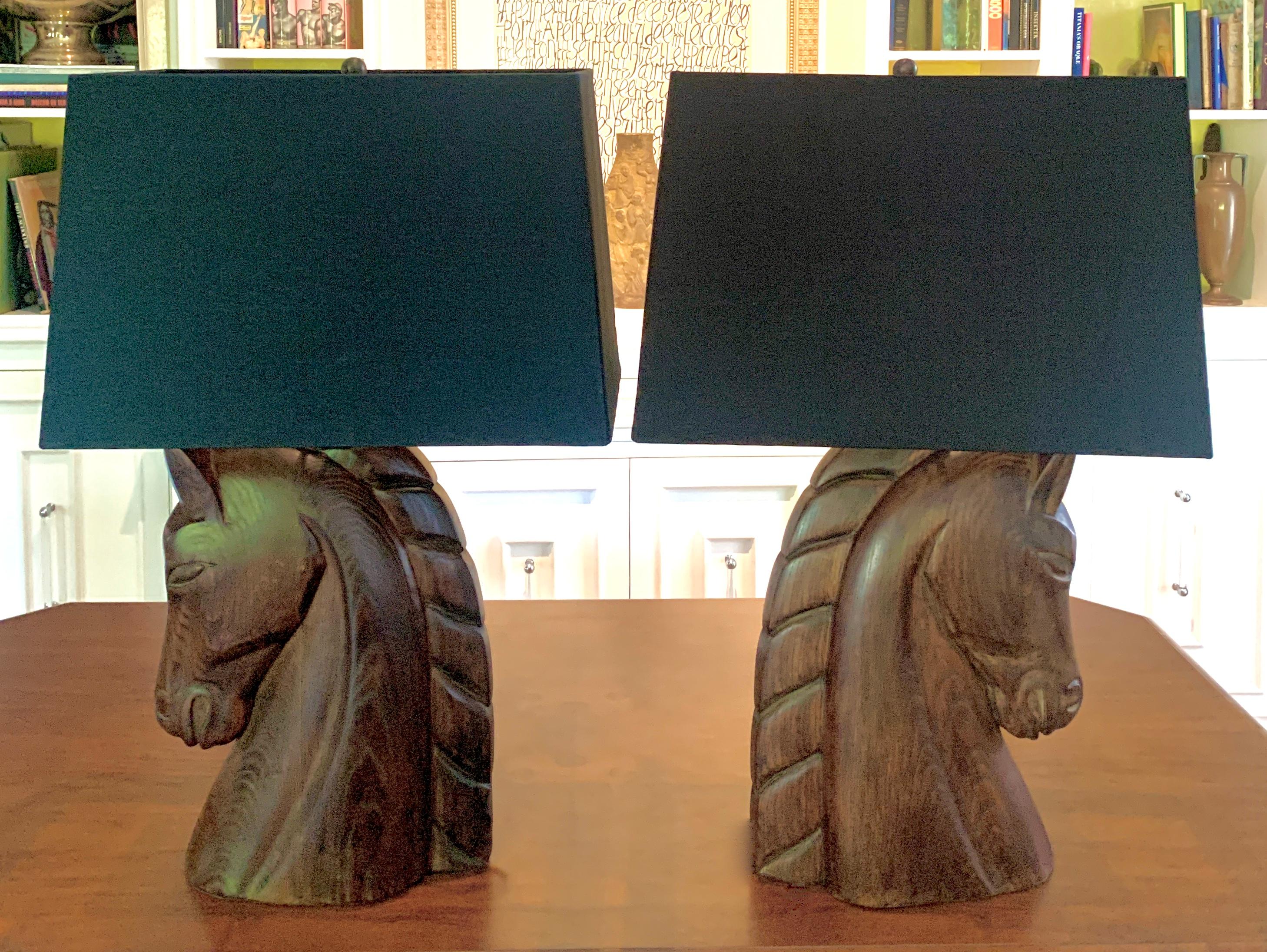 Wooden Carved Horse Head Lamps with Shades  In Good Condition For Sale In Los Angeles, CA