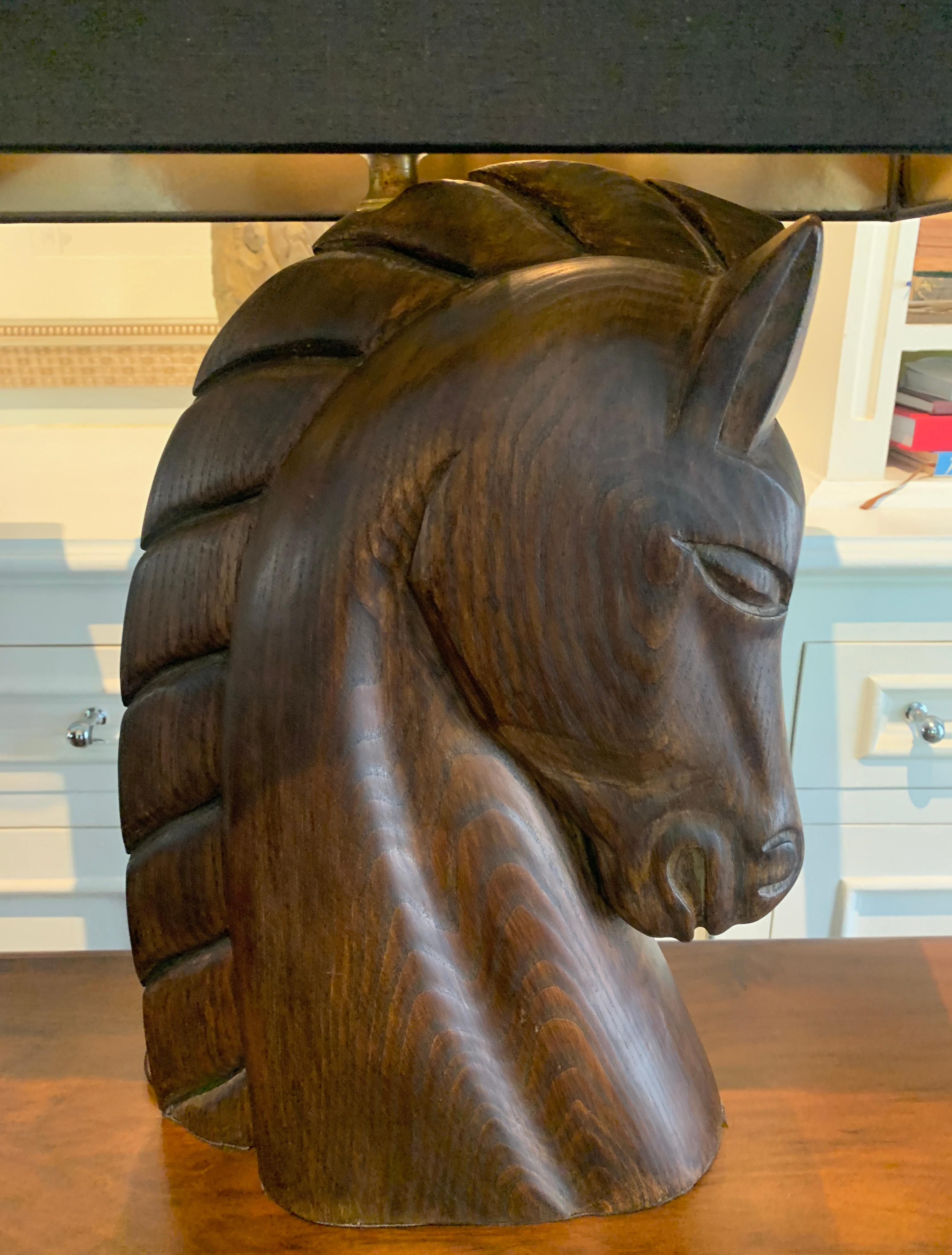 20th Century Wooden Carved Horse Head Lamps with Shades  For Sale