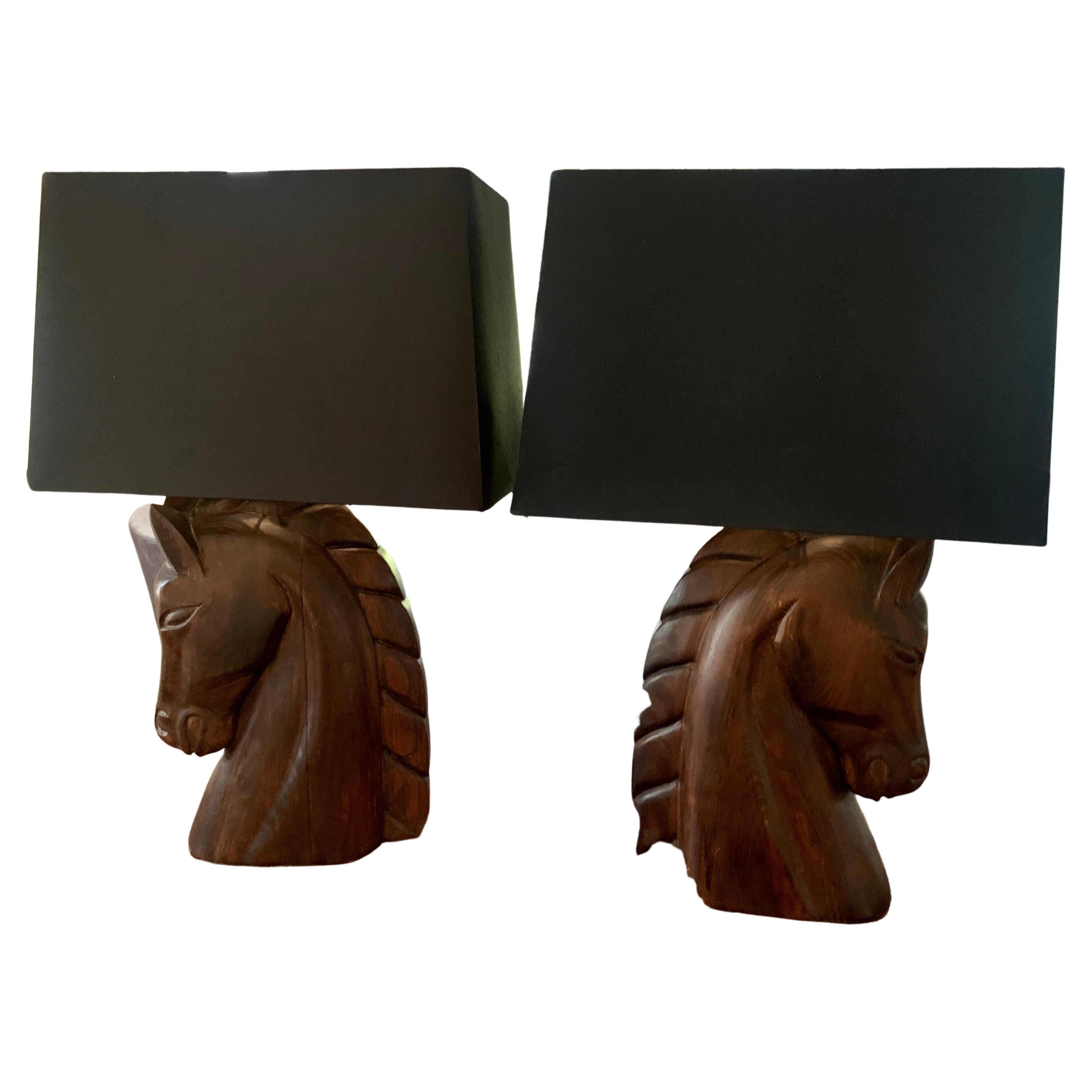 William Haines Carved Horse Lamps with Shades