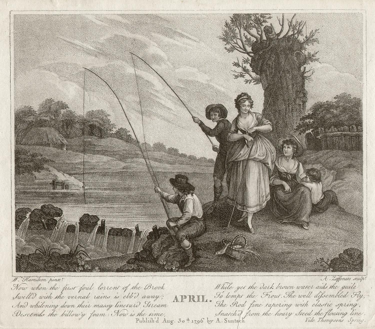 William Hamilton Figurative Print - 'April', late 18th century Georgian fishing angling sporting engraving print