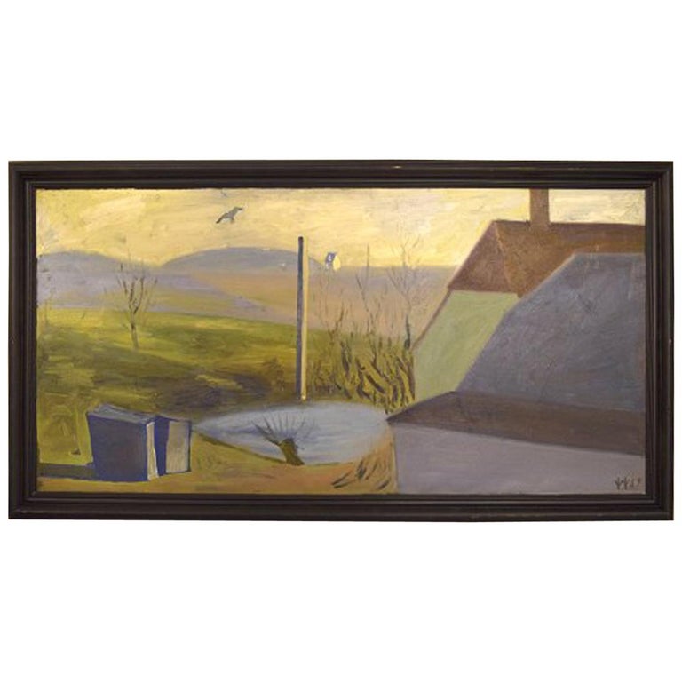 William Hansen, Danish Painter, Oil on Canvas. Hilly Landscape, 1957 For Sale