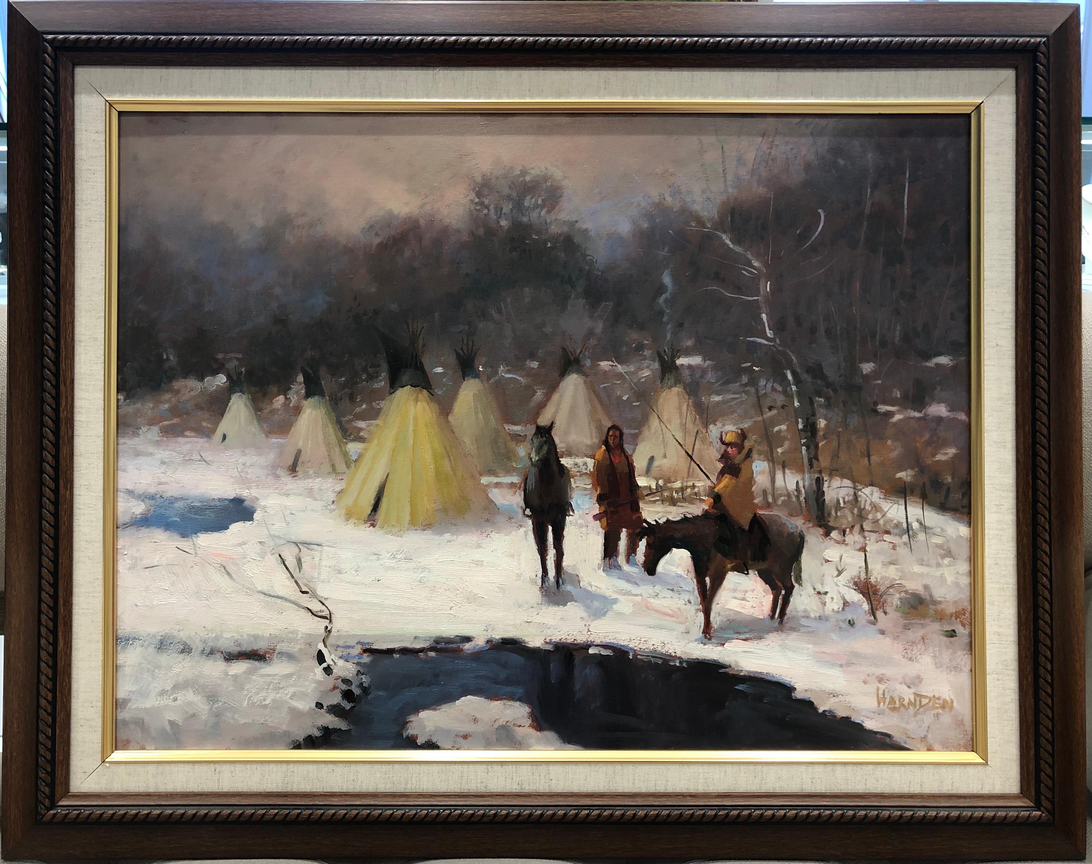 Encampment der amerikanischen Ureinwohner (Schwarz), Landscape Painting, von William Harnden