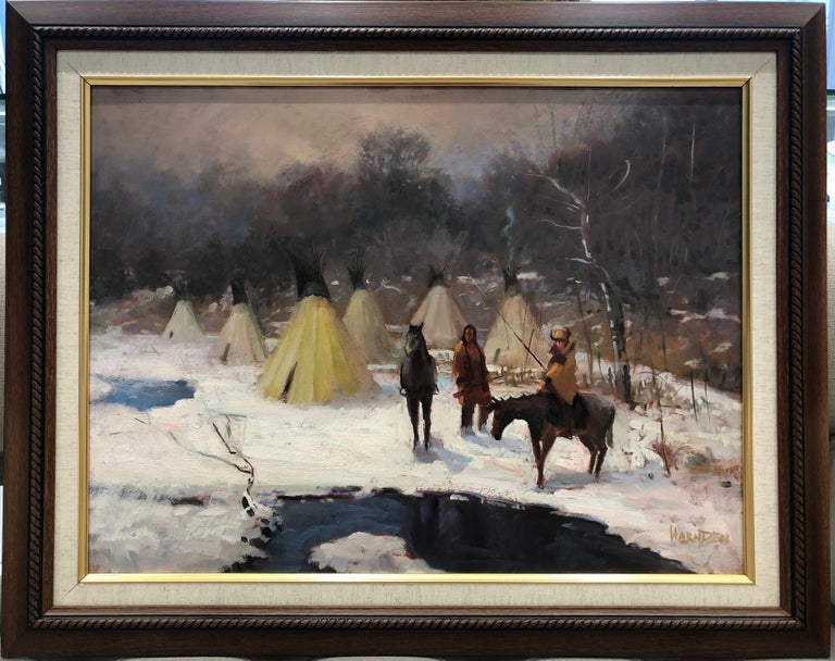 Native American Encampment - Black Landscape Painting by William Harnden