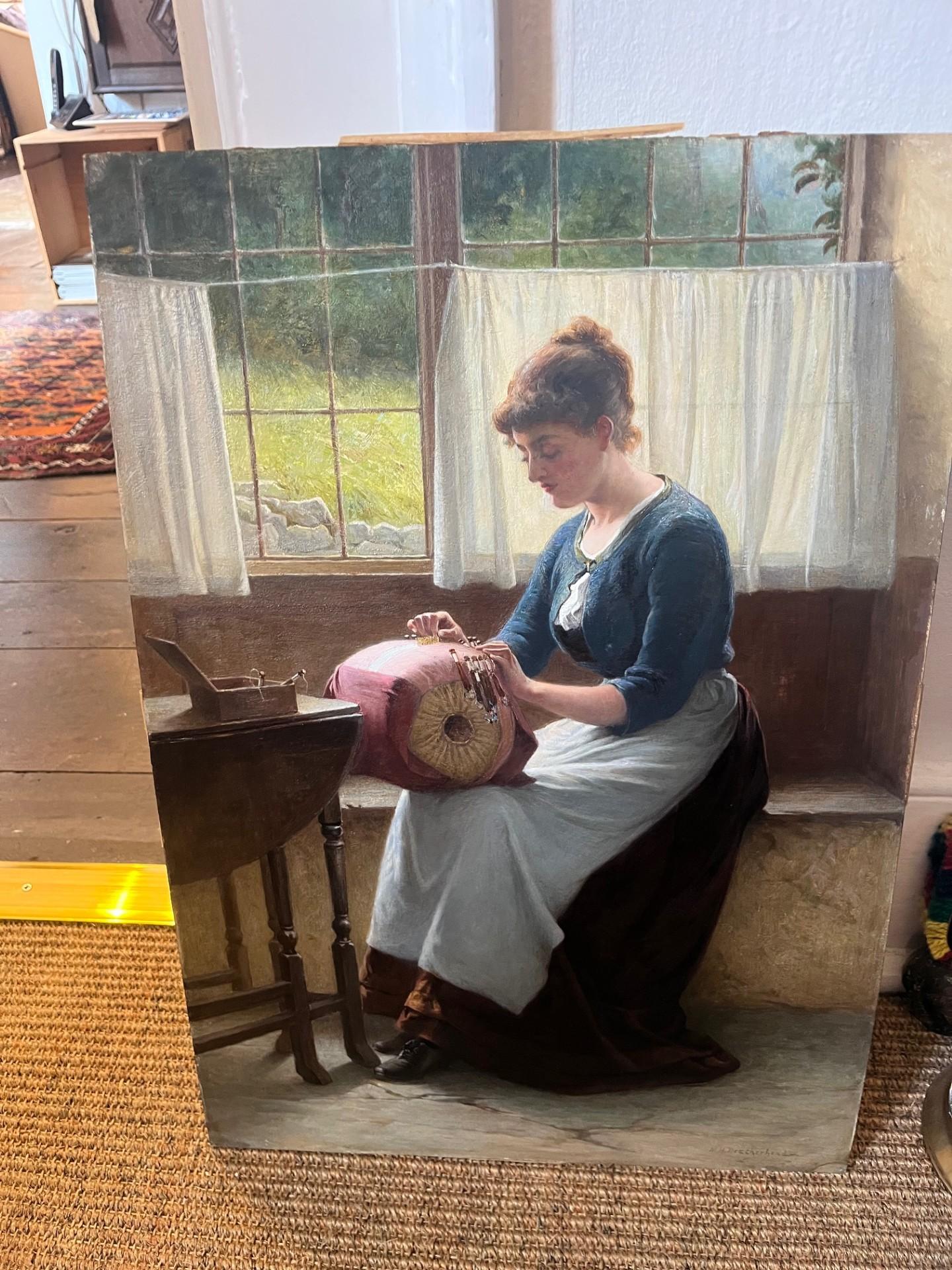 Viktorianisches figuratives Ölgemälde der jungen Lady Lacemaker in einem Hausinterieur, viktorianisch im Angebot 5