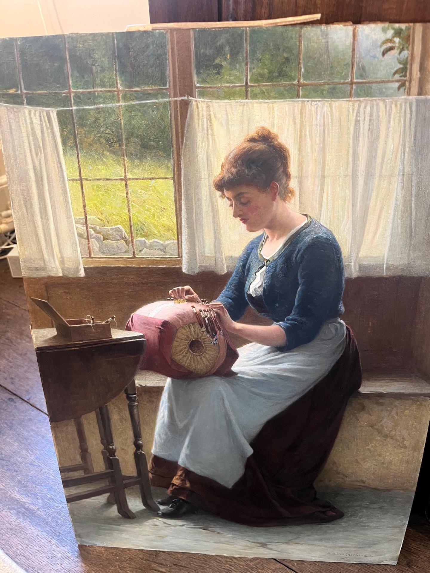 Viktorianisches figuratives Ölgemälde der jungen Lady Lacemaker in einem Hausinterieur, viktorianisch im Angebot 6