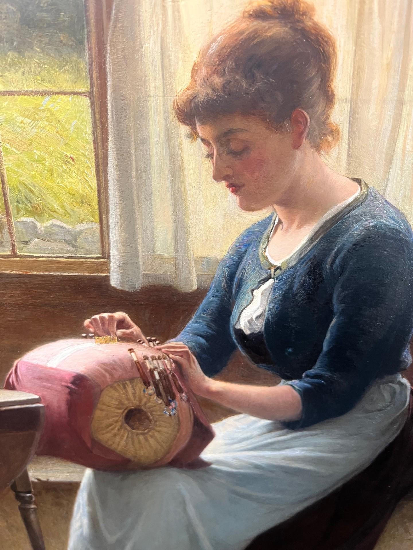 Viktorianisches figuratives Ölgemälde der jungen Lady Lacemaker in einem Hausinterieur, viktorianisch im Angebot 7