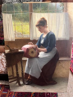 Victorian Figurative Oil Painting of Young Lady Lacemaker in a Cottage Interior