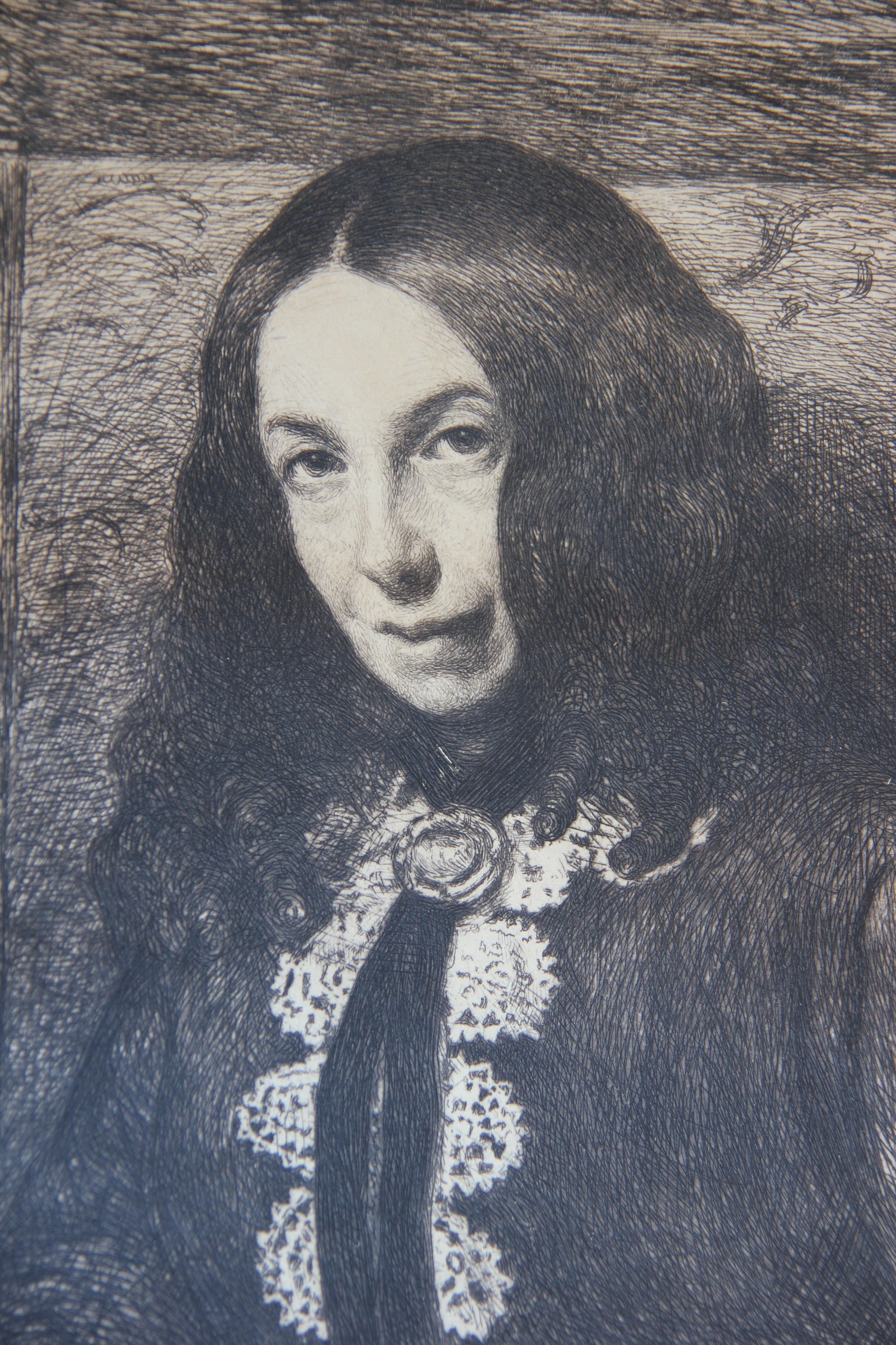 Porträt-Radierung der englischen viktorianischen Dichterin Elizabeth Barrett Browning  – Print von William Harry Warren Bicknell