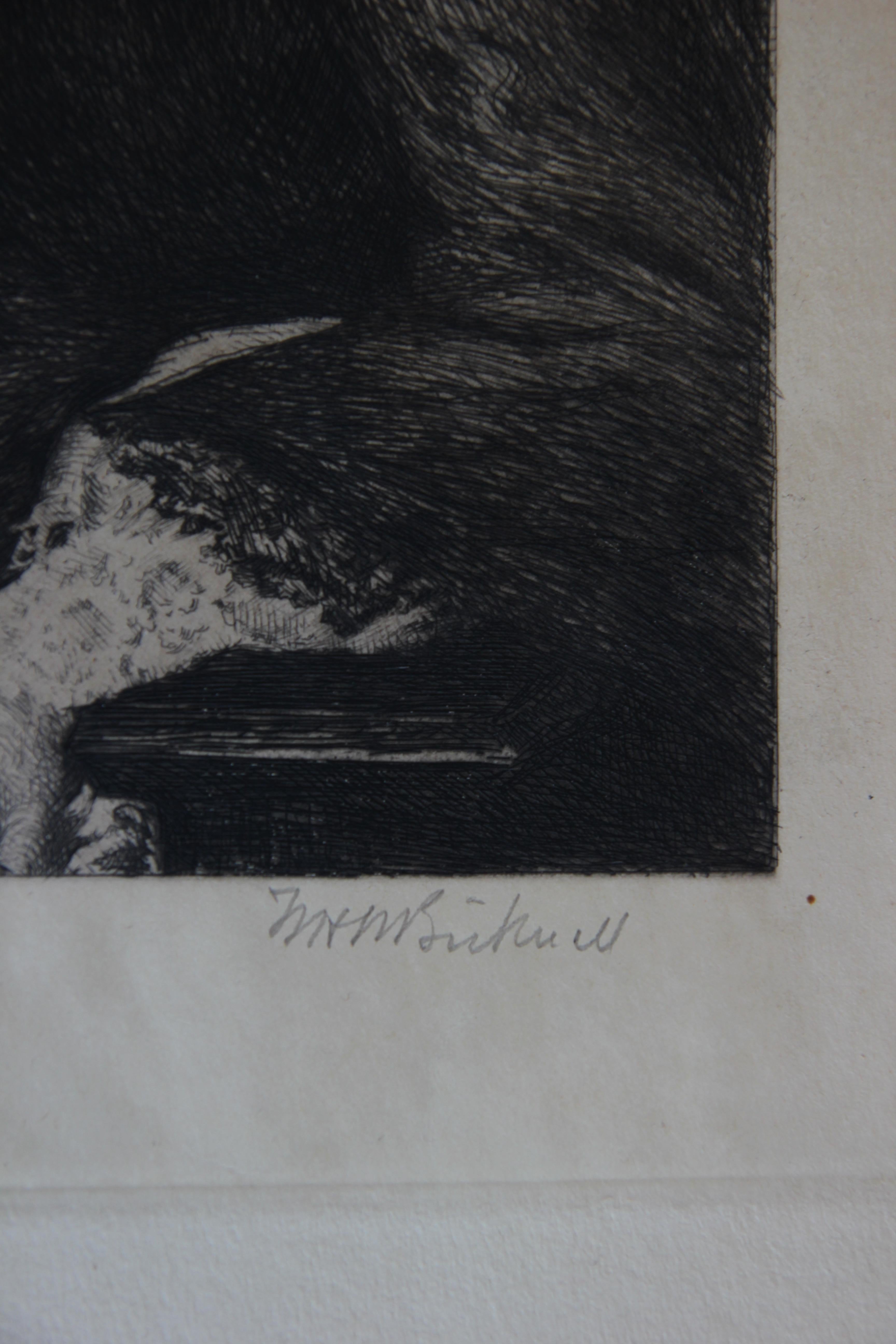 Radierung einer Frau in der Kleidung der Jahrhundertwende, die den Betrachter anschaut. Das Werk ist vom Künstler mit Bleistift signiert. Die Radierung ist nicht gerahmt. 

Biografie des Künstlers: William Bicknell wurde 1860 in Winchester,