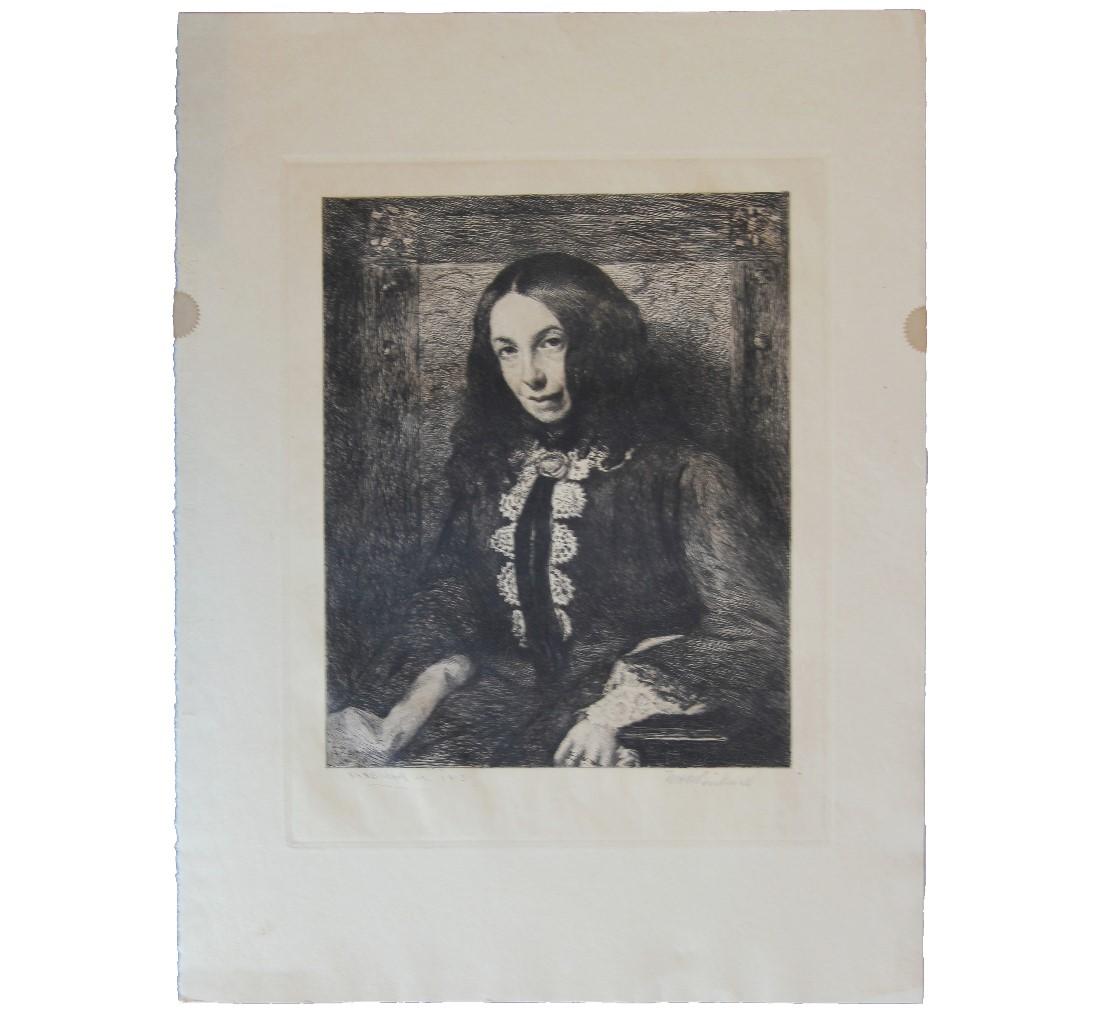 Portrait Print de William Harry Warren Bicknell - Retrato al aguafuerte de la poetisa victoriana inglesa Elizabeth Barrett Browning