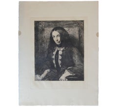 Antique Portrait Etching of English Victorian Poet Elizabeth Barrett Browning 