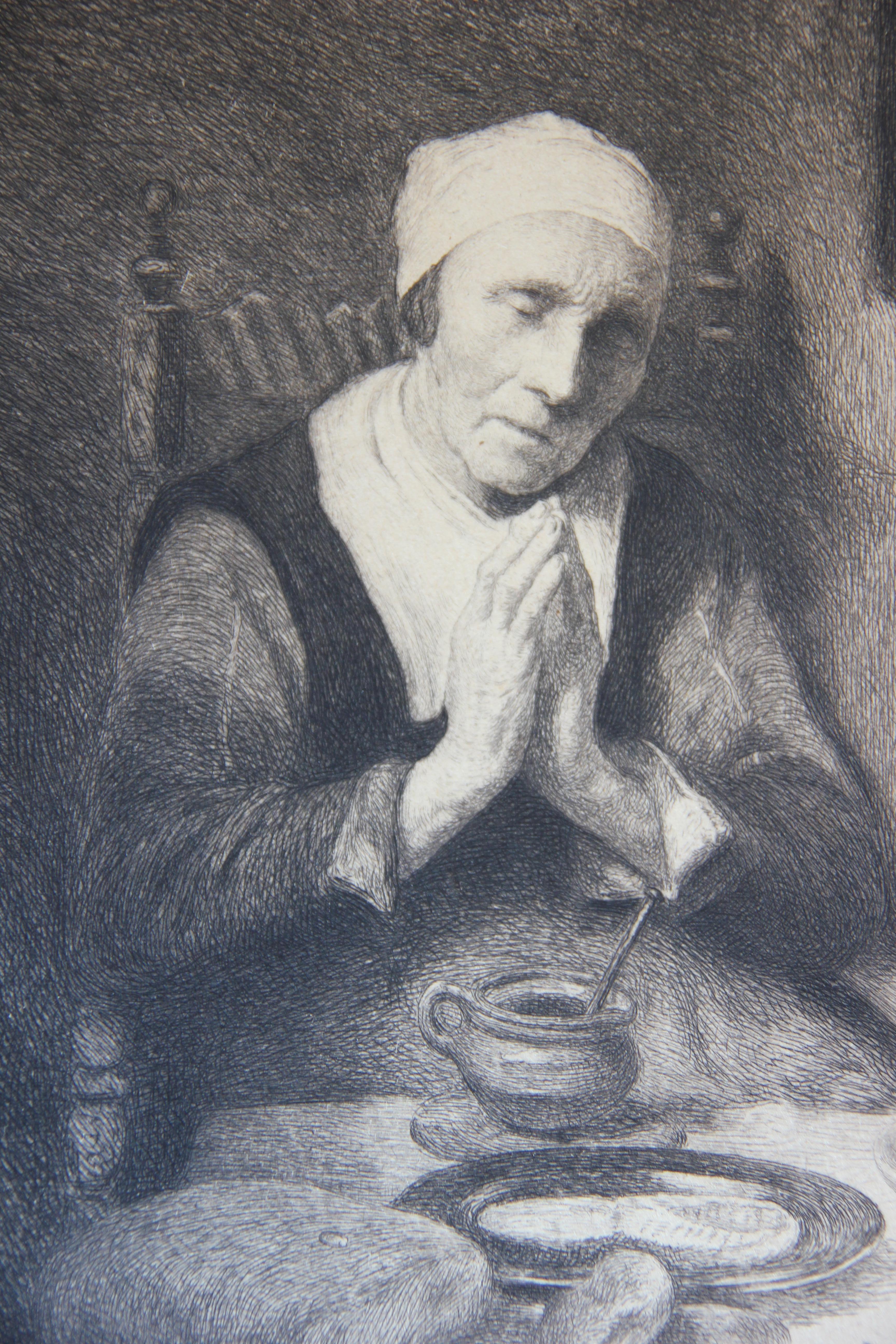 Porträt einer älteren Frau, die an einem Tisch betet, Radierung – Print von William Harry Warren Bicknell