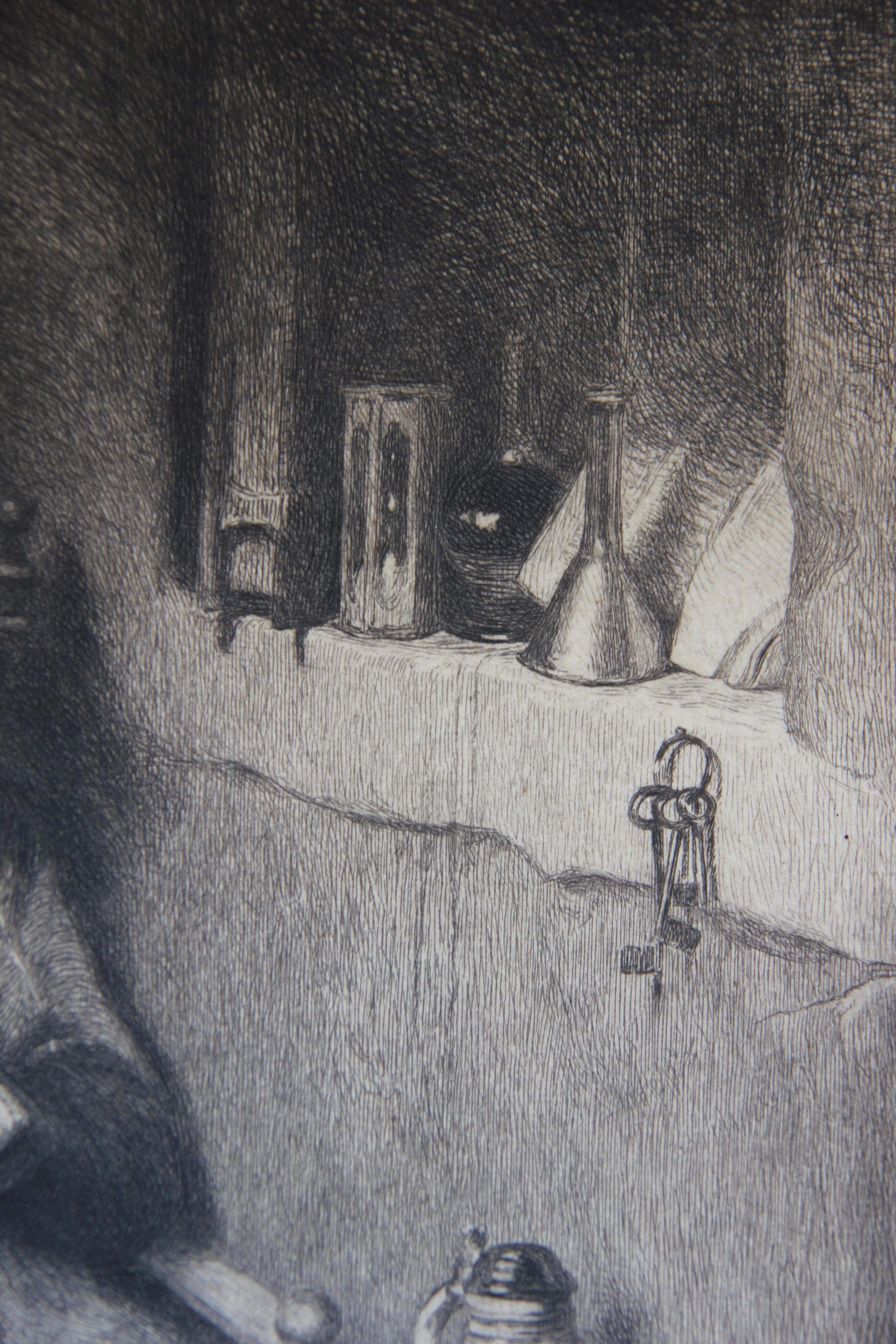 Porträt einer älteren Frau, die an einem Tisch betet, Radierung (Naturalismus), Print, von William Harry Warren Bicknell