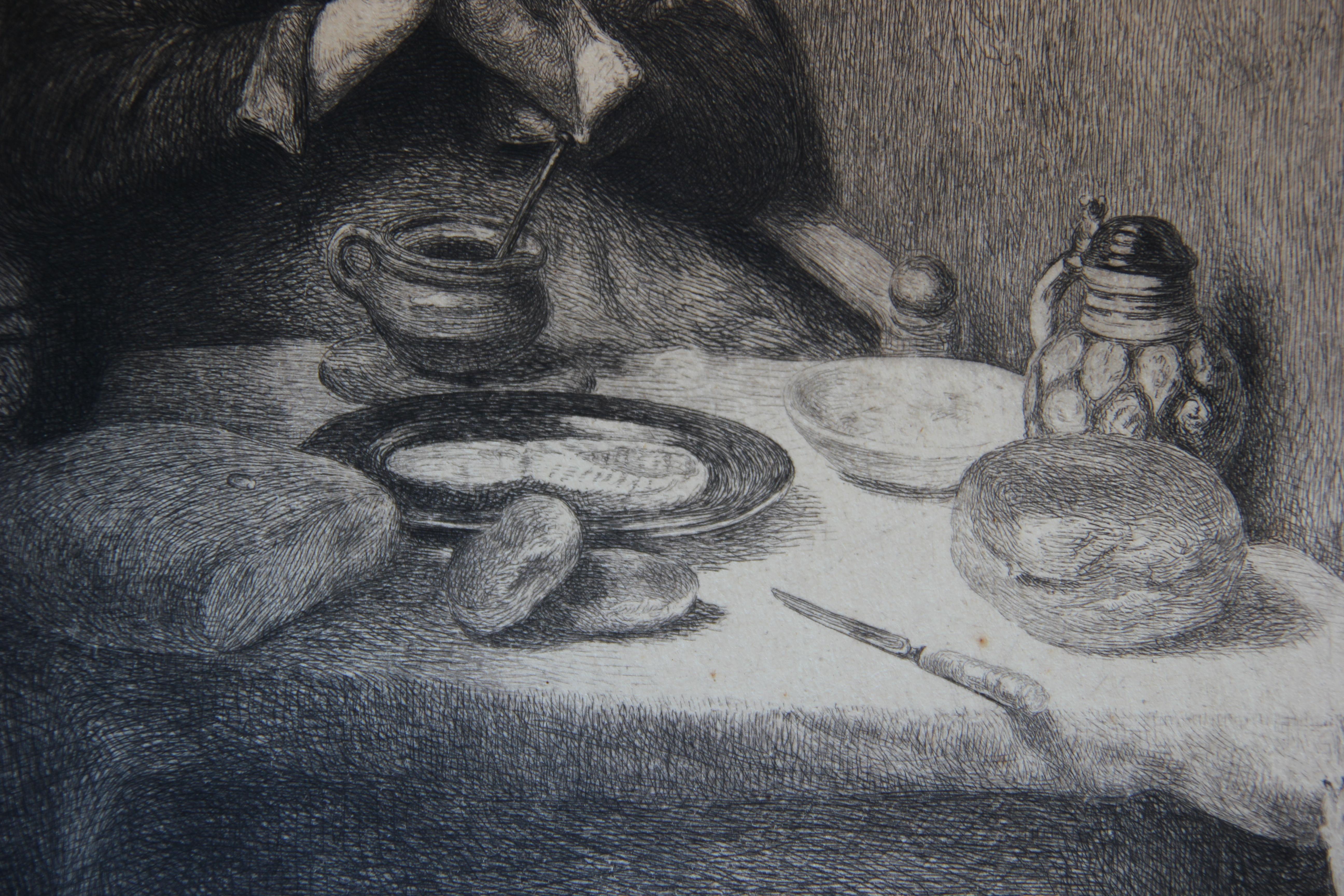 Porträt einer älteren Frau, die an einem Tisch betet, Radierung (Grau), Portrait Print, von William Harry Warren Bicknell